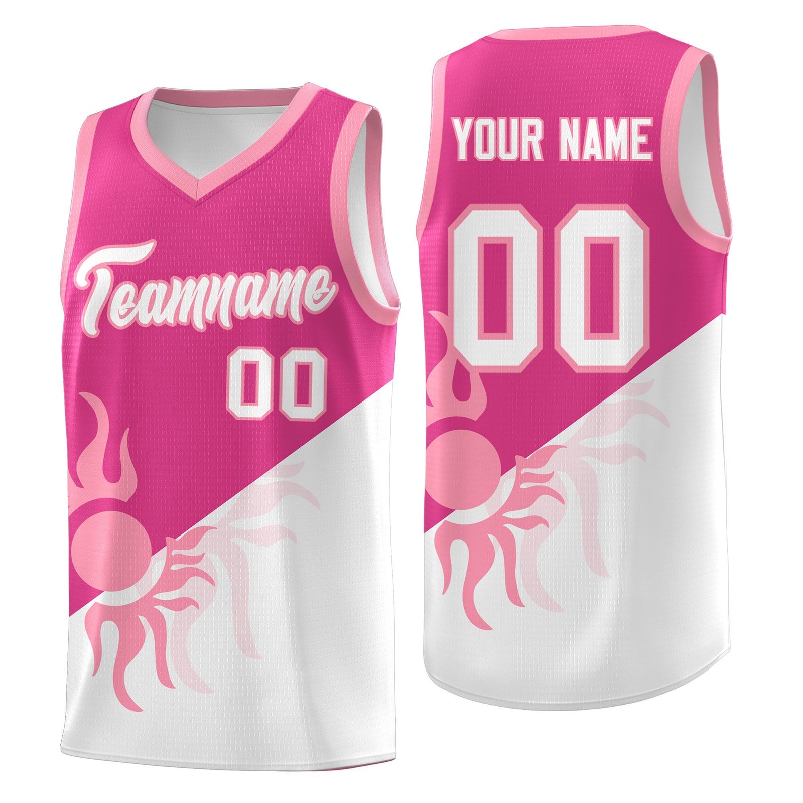 Custom Youth Basketball Jerseys - Rose Red White Radiant Sun Design Two Tone Uniforms