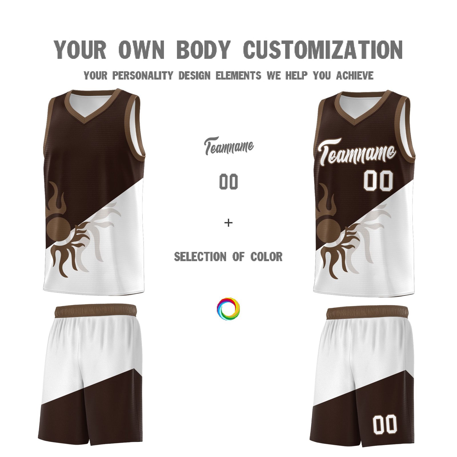 Custom Youth Basketball Jerseys - Brown White Sunburst Design Two Tone Uniforms