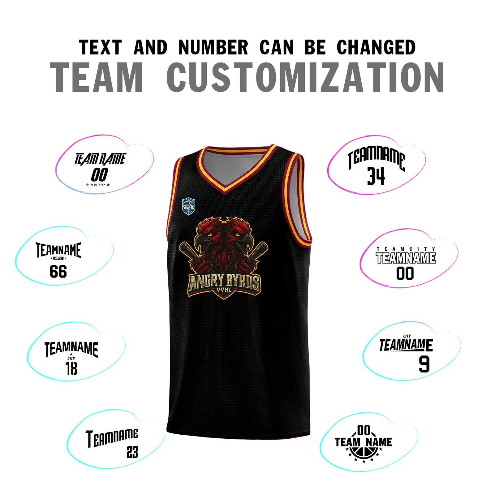 VVHL Black S7-Angry-Byrds-2 Tops Basketball Jersey