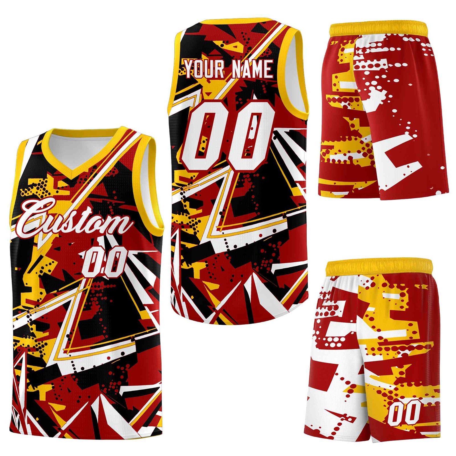 Custom Youth Basketball Jerseys Red Yellow Abstract Graffiti Personalized Street Style Uniform