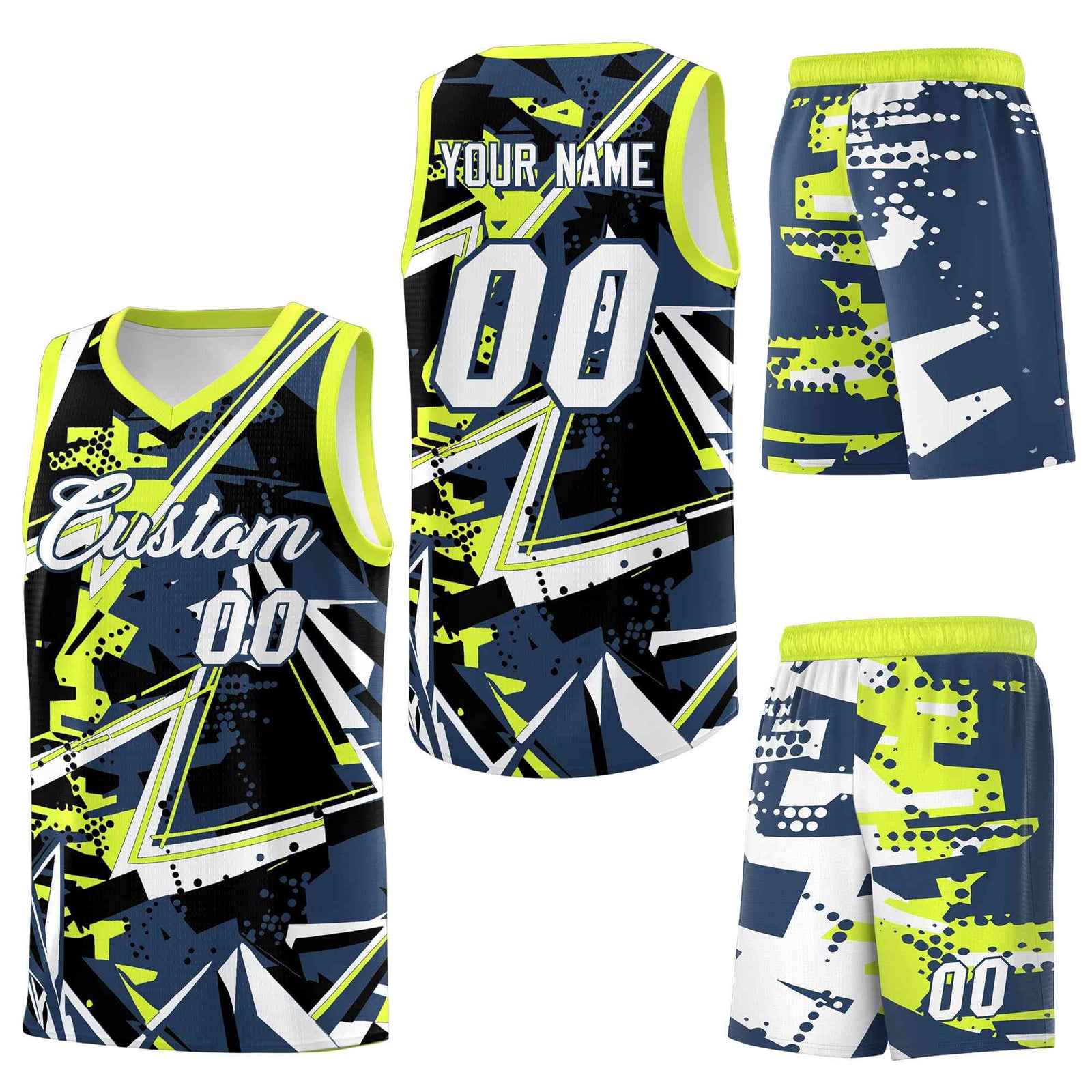 Custom Youth Basketball Jerseys Midnight Blue Fluorescent Green Abstract Graffiti Urban Style Personalized Uniform