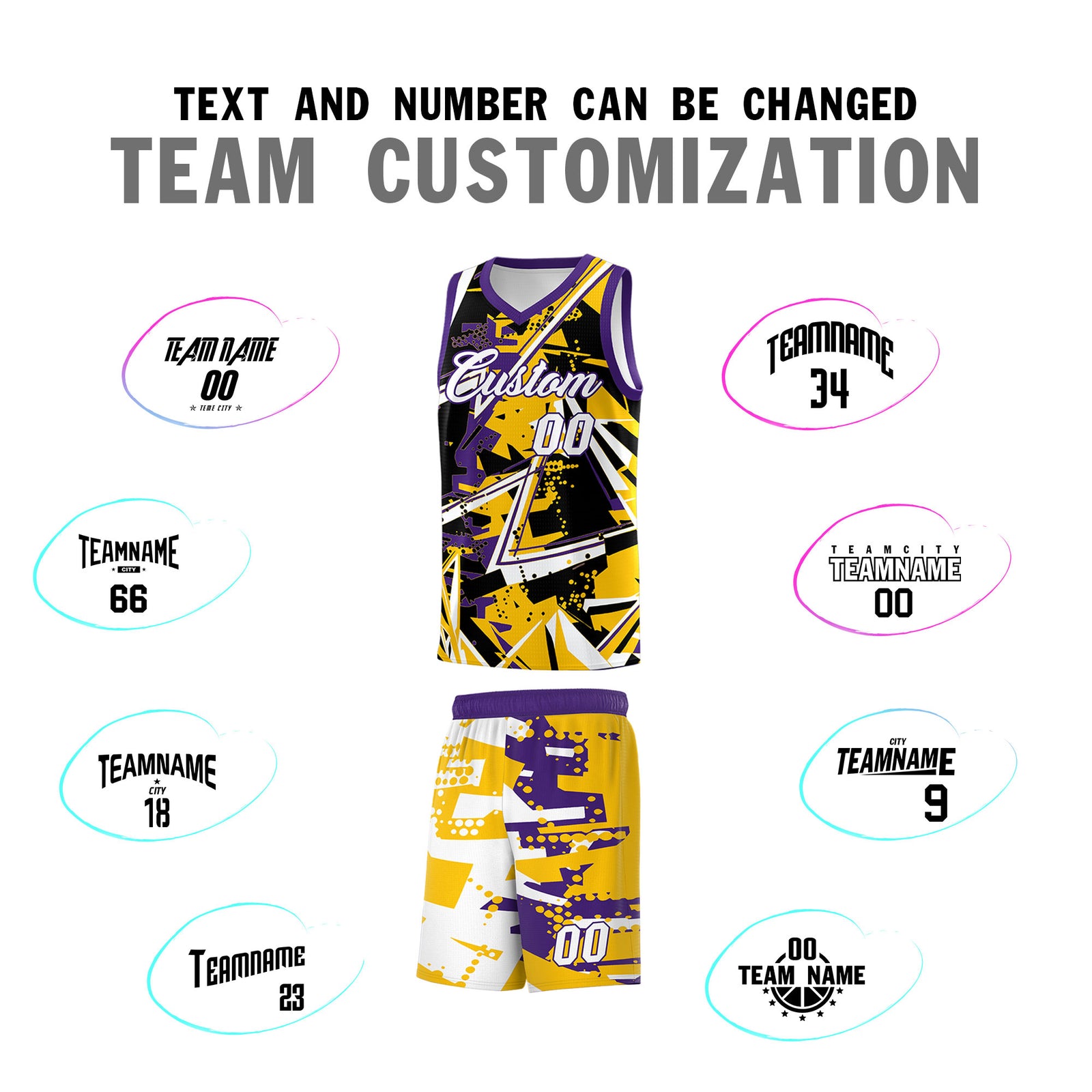 Custom Youth Basketball Jerseys Yellow Purple Abstract Graffiti Personalized Team Name & Number