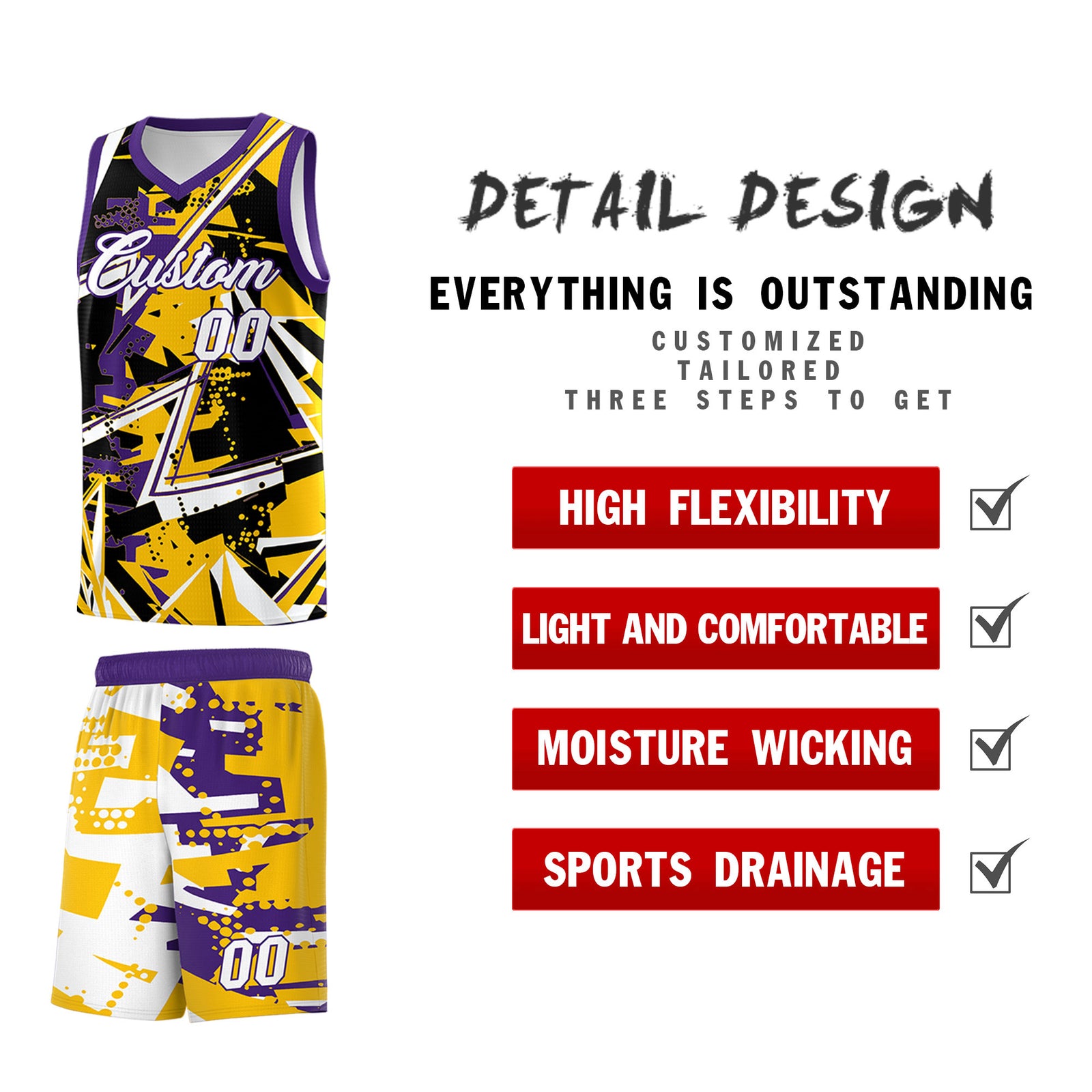 Custom Youth Basketball Jerseys Yellow Purple Abstract Graffiti Personalized Team Name & Number