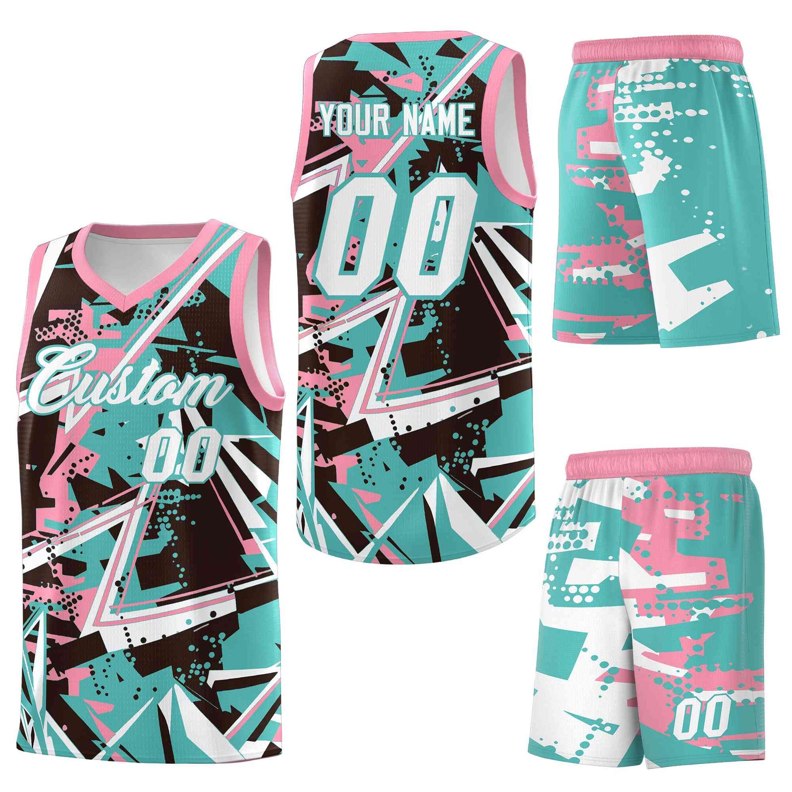 Custom Youth Basketball Jerseys Teal Pink Abstract Graffiti Urban Style Personalized Uniform
