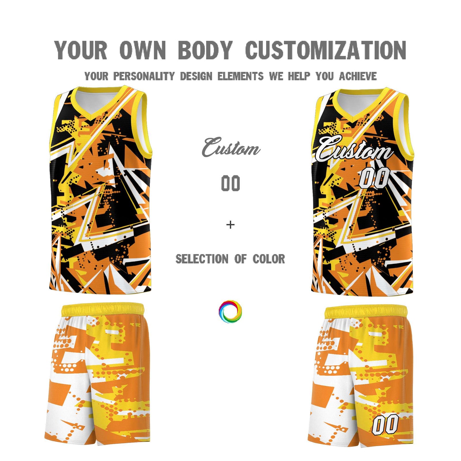 Custom Youth Basketball Jerseys Orange Gold Abstract Graffiti Personalized Street Style Uniform