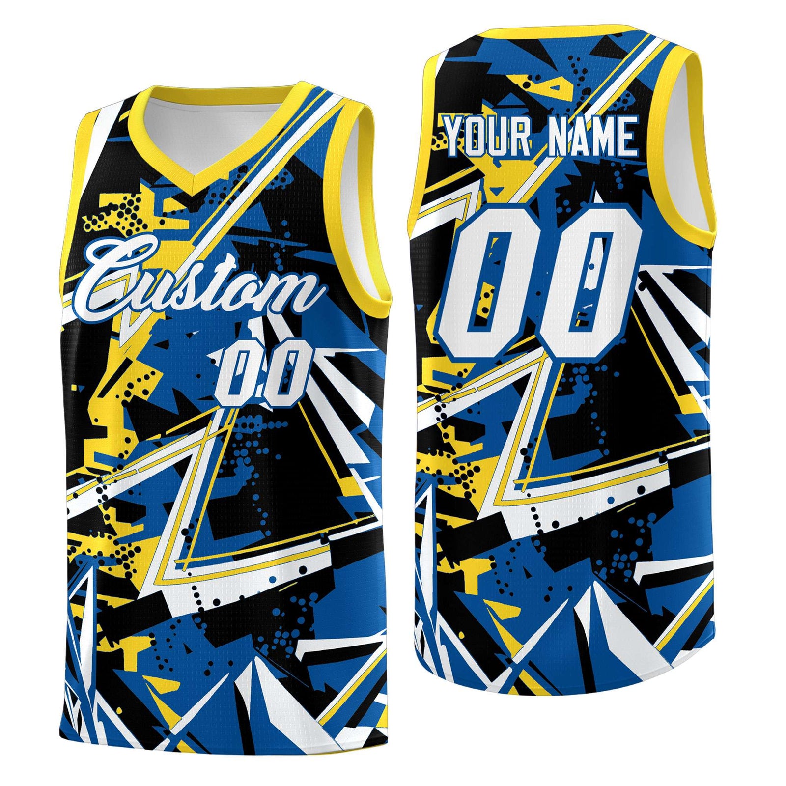 Custom Youth Basketball Jerseys Royal Gold Abstract Graffiti Personalized Team Name & Number