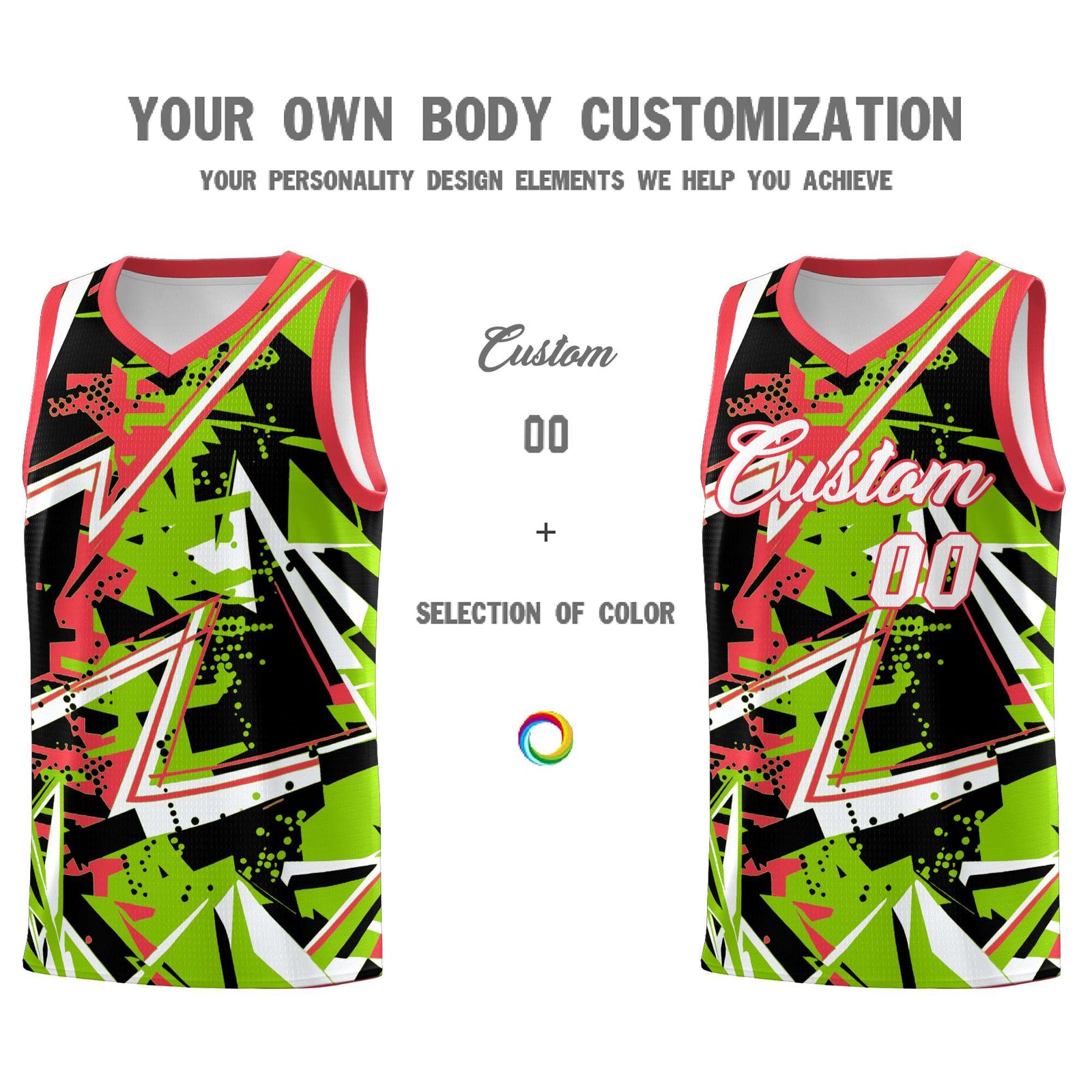 Custom Youth Basketball Jerseys Neon Green Light Red Abstract Graffiti Personalized Street Style Uniform