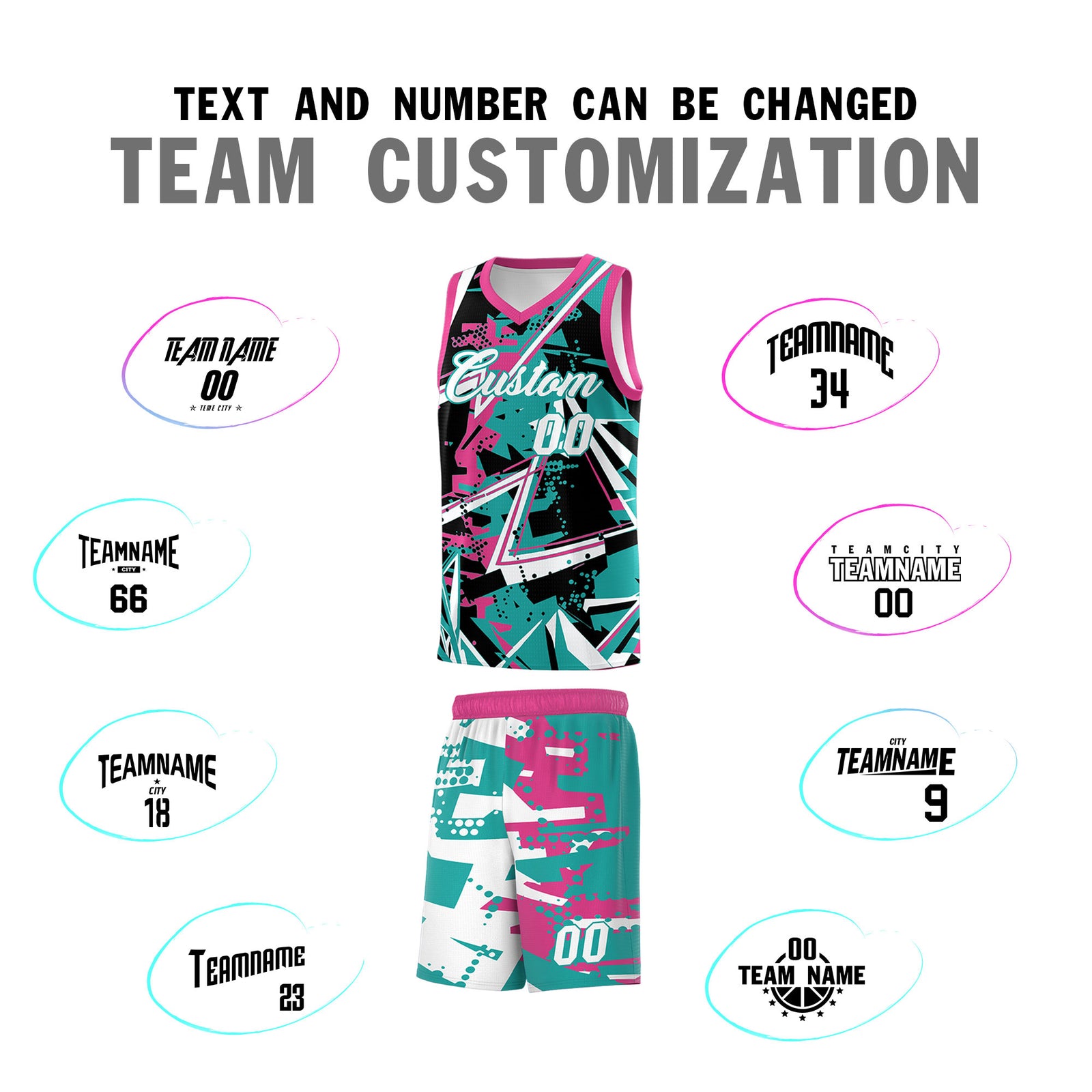 Custom Youth Basketball Jerseys Aqua Rose Red Abstract Graffiti Urban Style Personalized Uniform