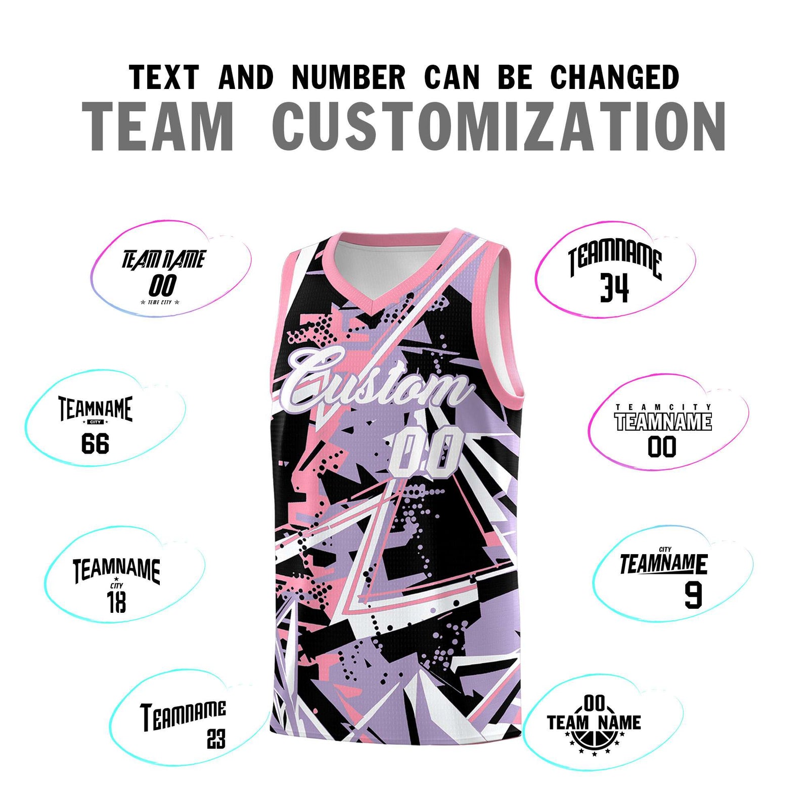 Custom Youth Basketball Jerseys Light Purple Pink Abstract Graffiti Personalized Team Name & Number