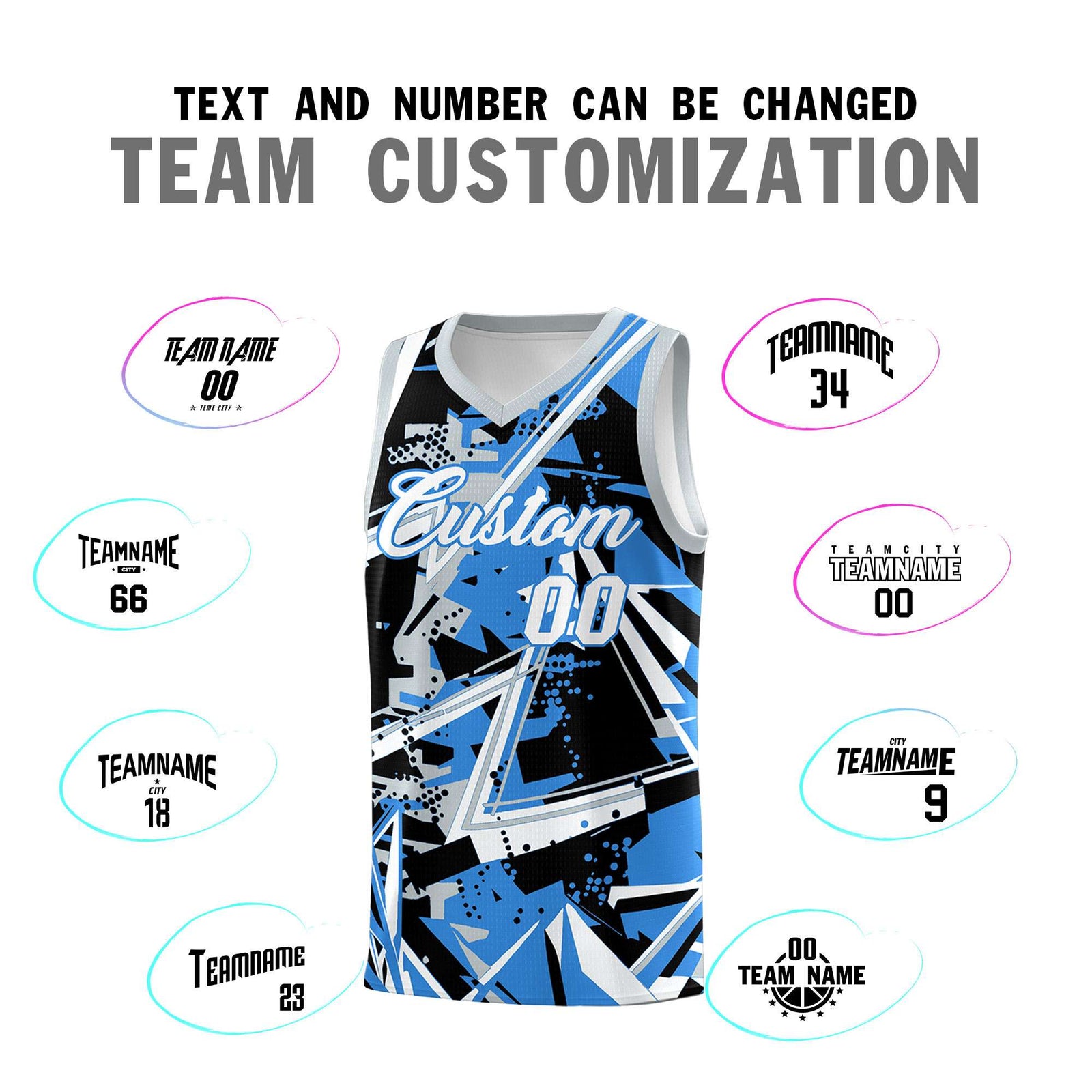 Custom Youth Basketball Jerseys Light Blue Silver Abstract Graffiti Personalized Team Name & Number