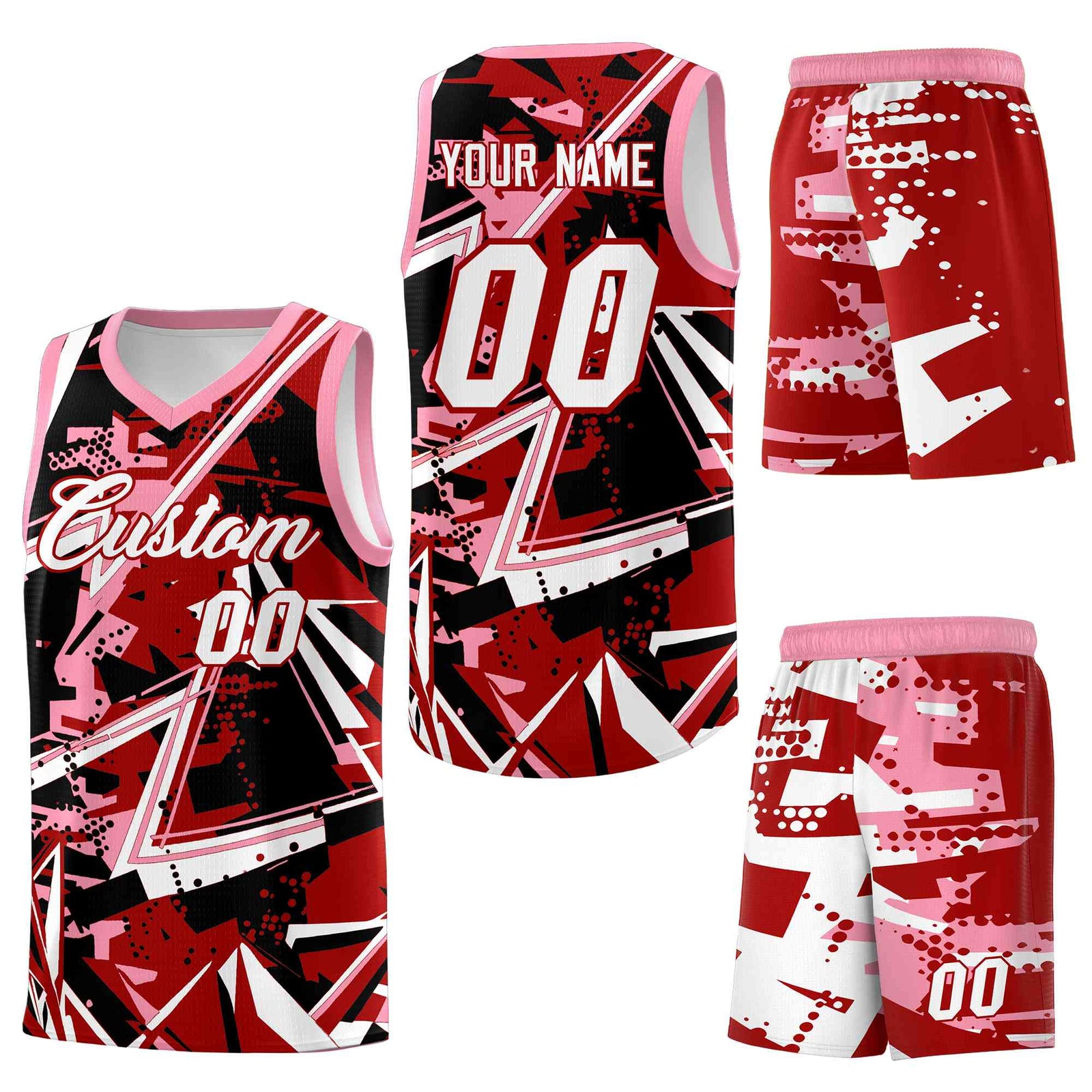 Custom Youth Basketball Jerseys Red Light Pink Abstract Graffiti Personalized Street Style Uniform