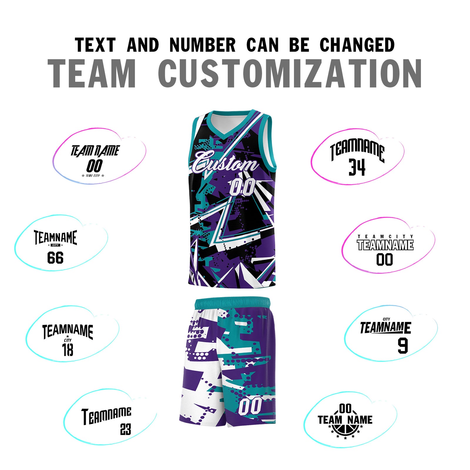 Custom Youth Basketball Jerseys Purple Teal Abstract Graffiti Urban Style Personalized Uniform