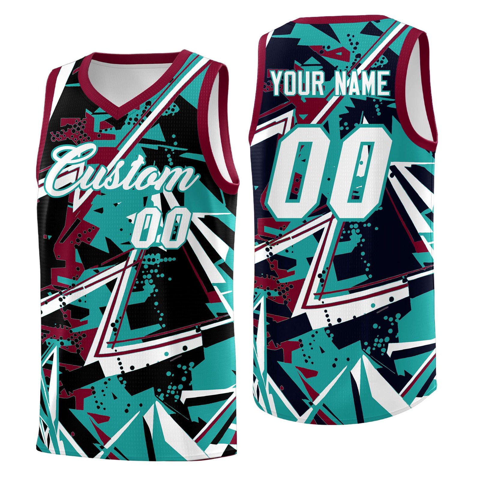 Custom Youth Basketball Jerseys Teal Crimson Abstract Graffiti Personalized Team Name & Number