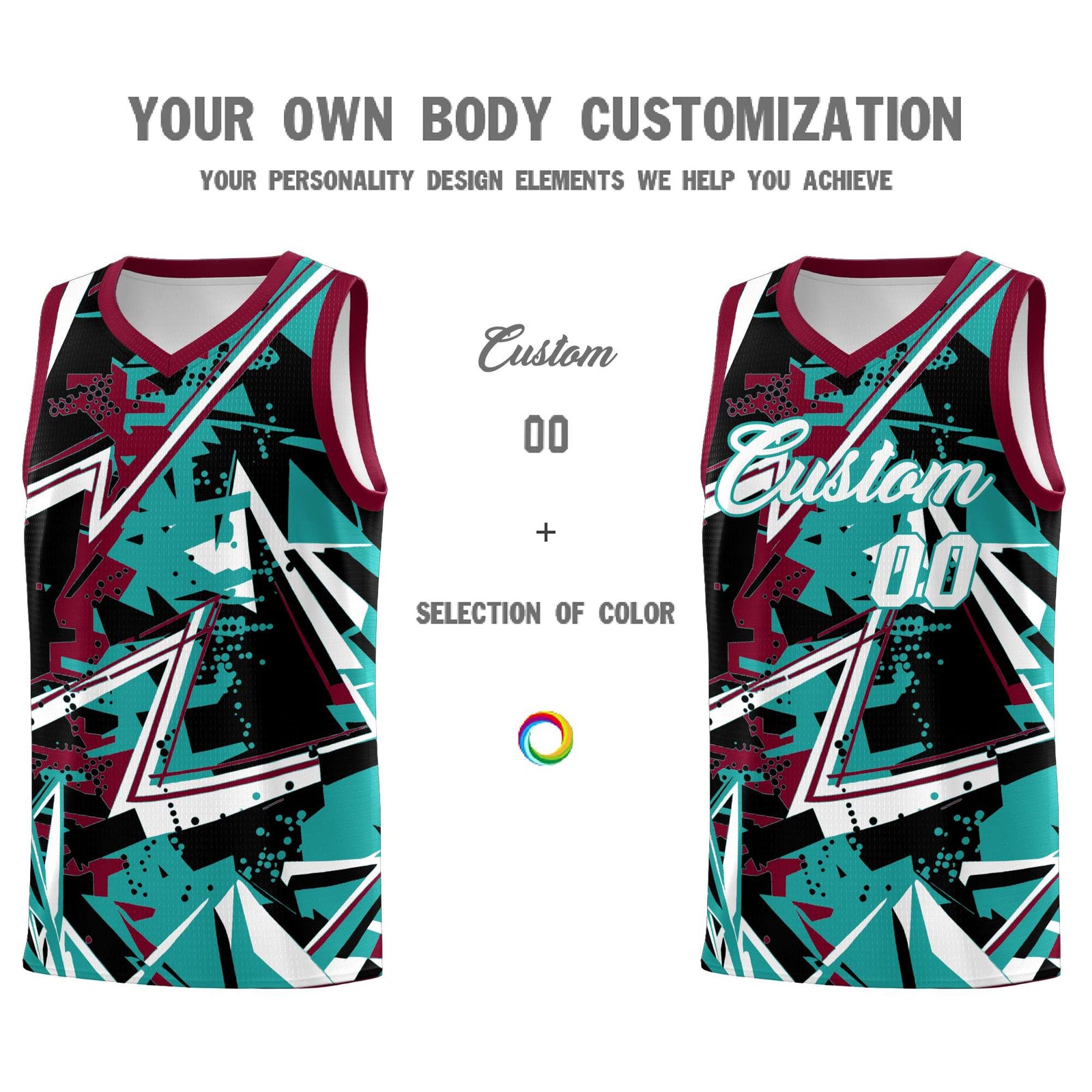 Custom Youth Basketball Jerseys Teal Crimson Abstract Graffiti Personalized Team Name & Number