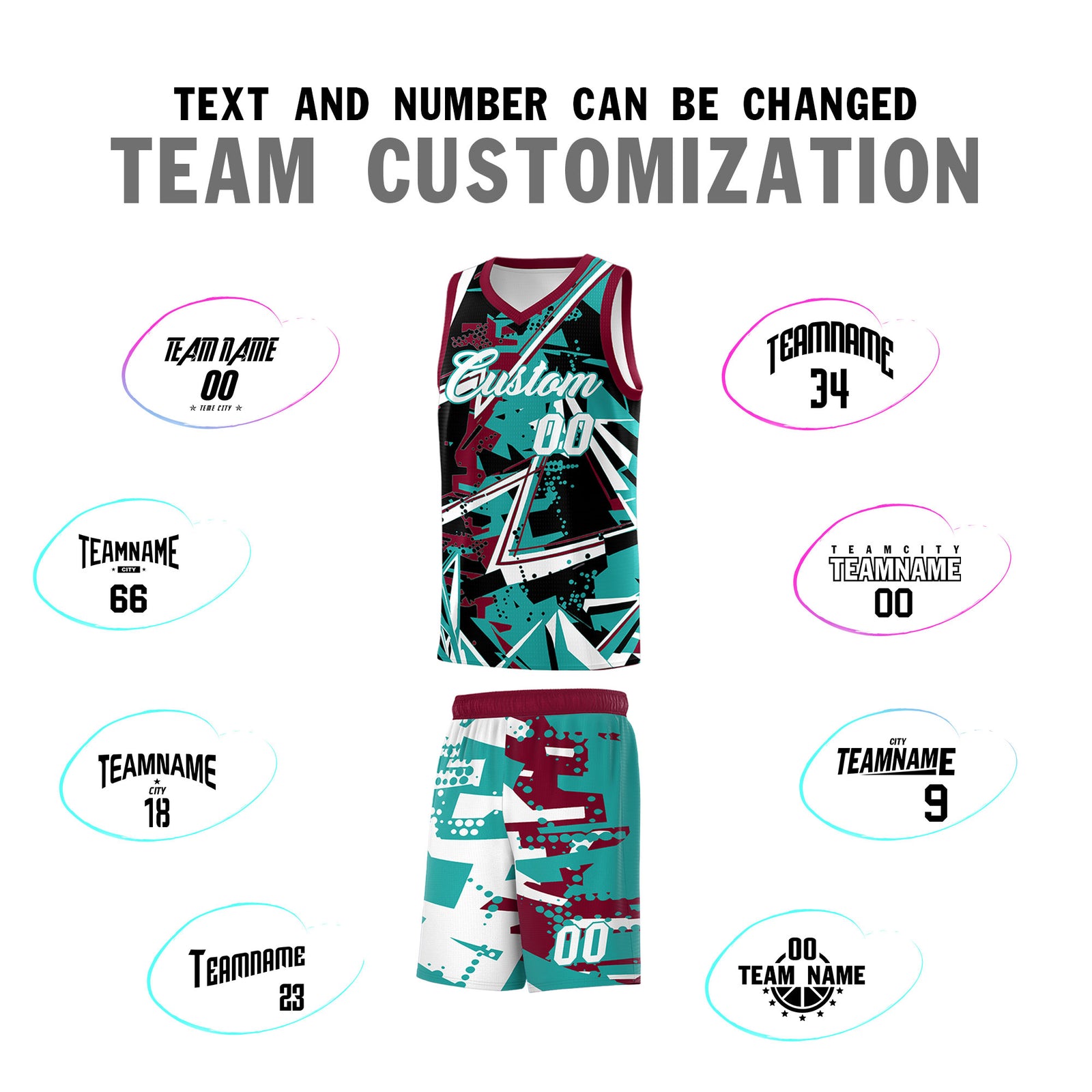Custom Youth Basketball Jerseys Teal Crimson Abstract Graffiti Personalized Team Name & Number
