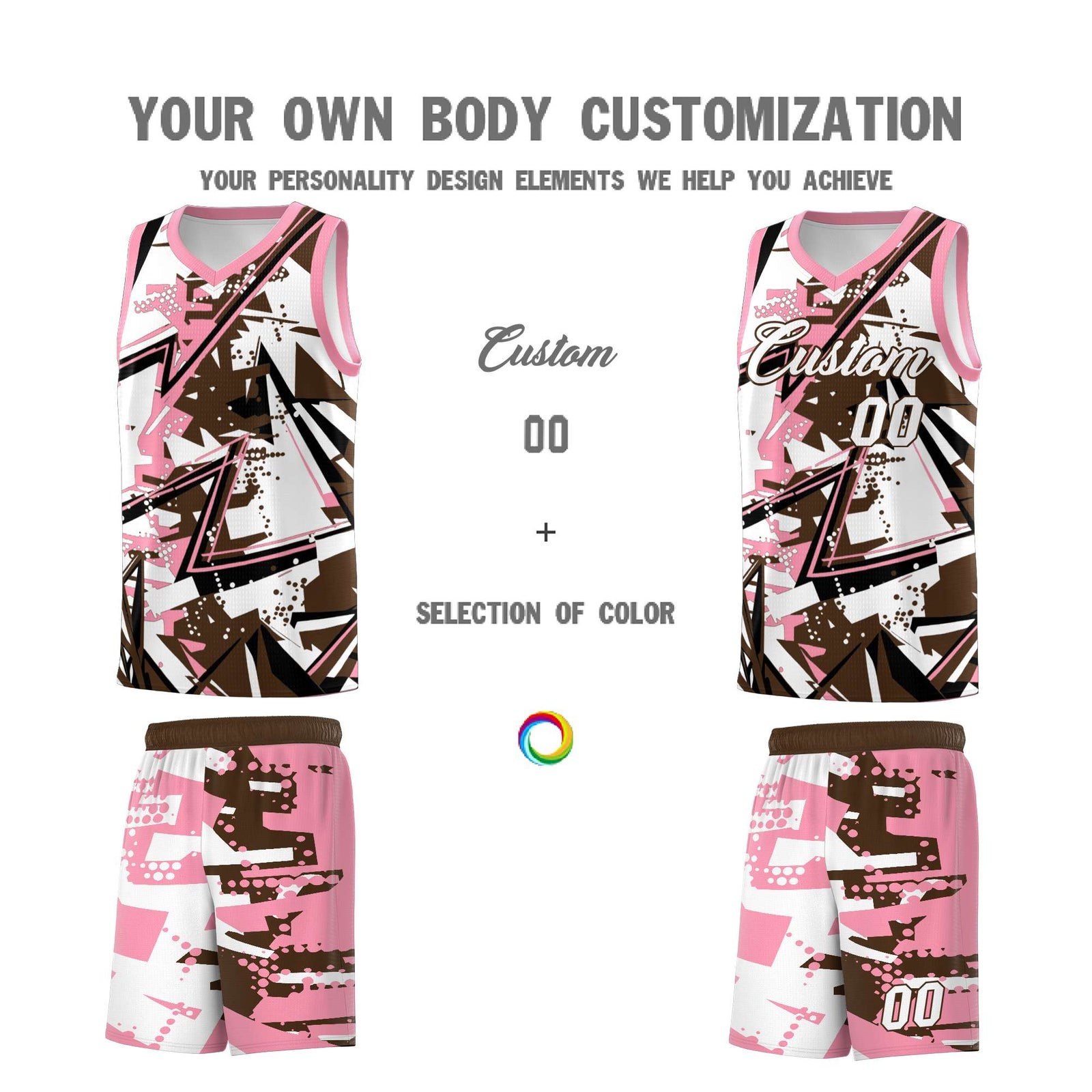 Custom Youth Basketball Jerseys Brown Light Pink Abstract Graffiti Urban Style Personalized Uniform