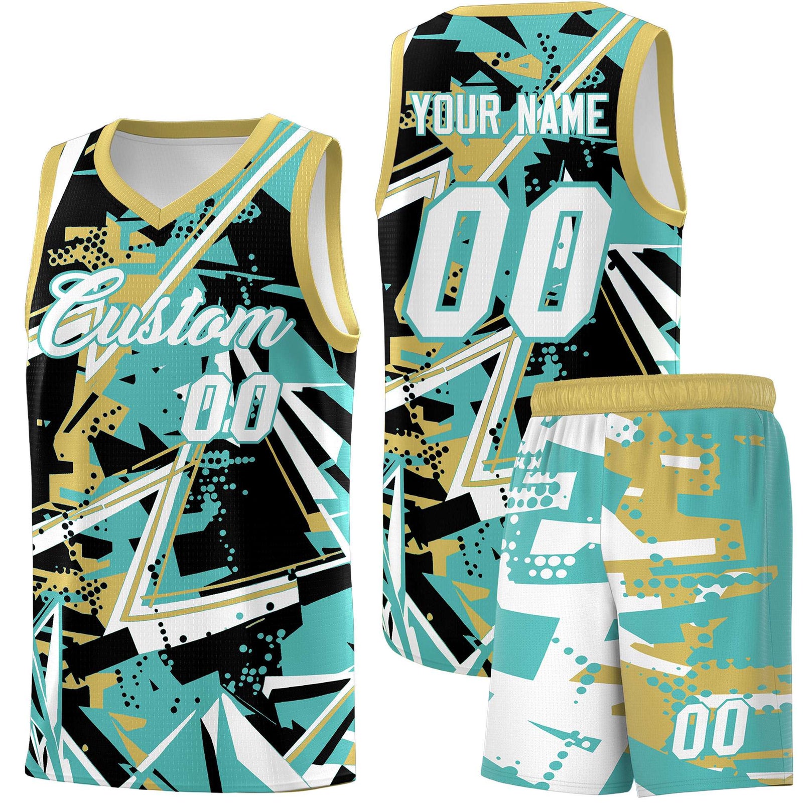 Custom Youth Basketball Jerseys Teal Old Gold Abstract Graffiti Personalized Street Style Uniform
