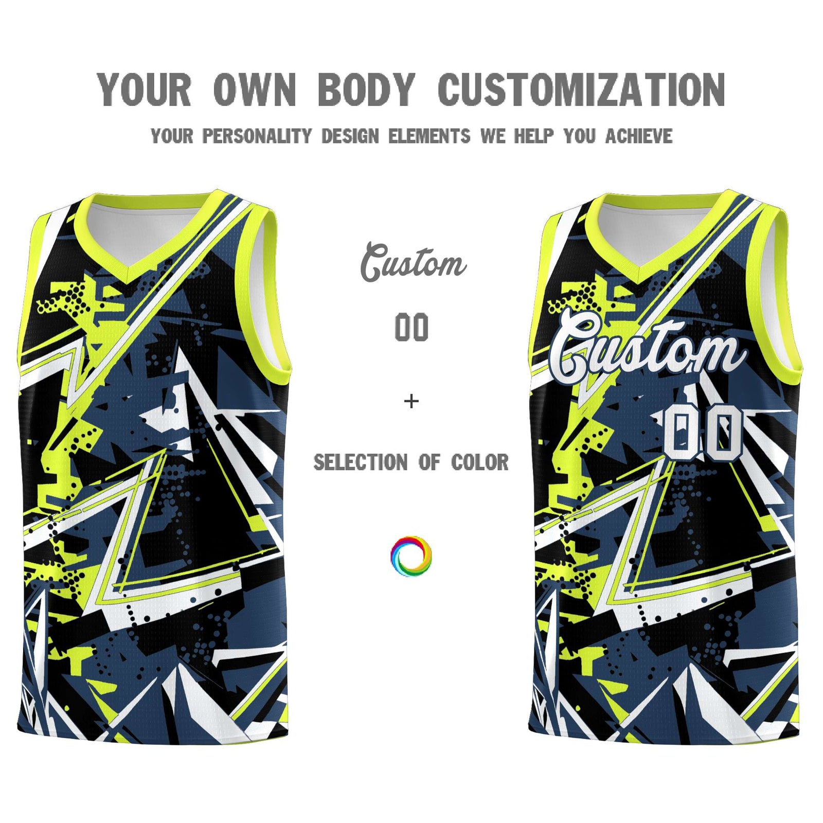 Custom Youth Basketball Jerseys Midnight Blue Fluorescent Green Abstract Graffiti Urban Style Personalized Uniform