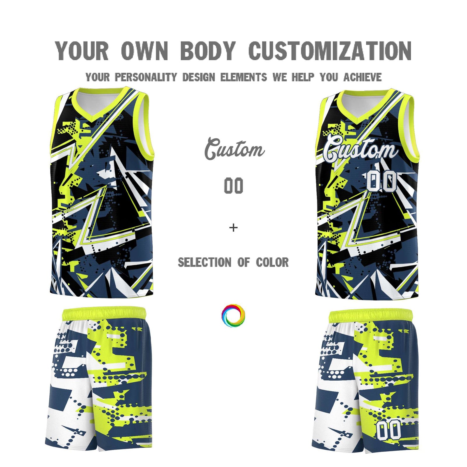 Custom Youth Basketball Jerseys Midnight Blue Fluorescent Green Abstract Graffiti Urban Style Personalized Uniform