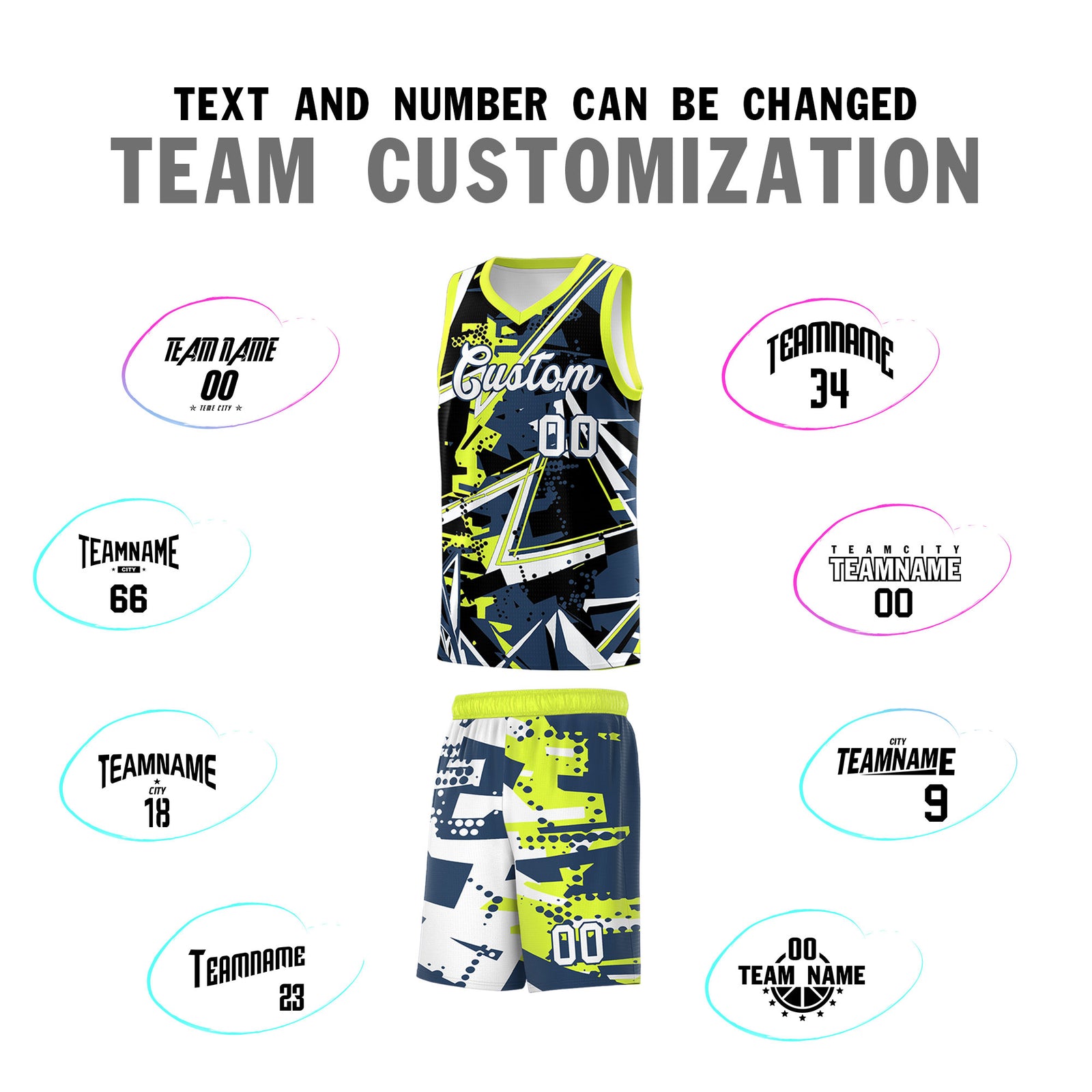 Custom Youth Basketball Jerseys Midnight Blue Fluorescent Green Abstract Graffiti Urban Style Personalized Uniform