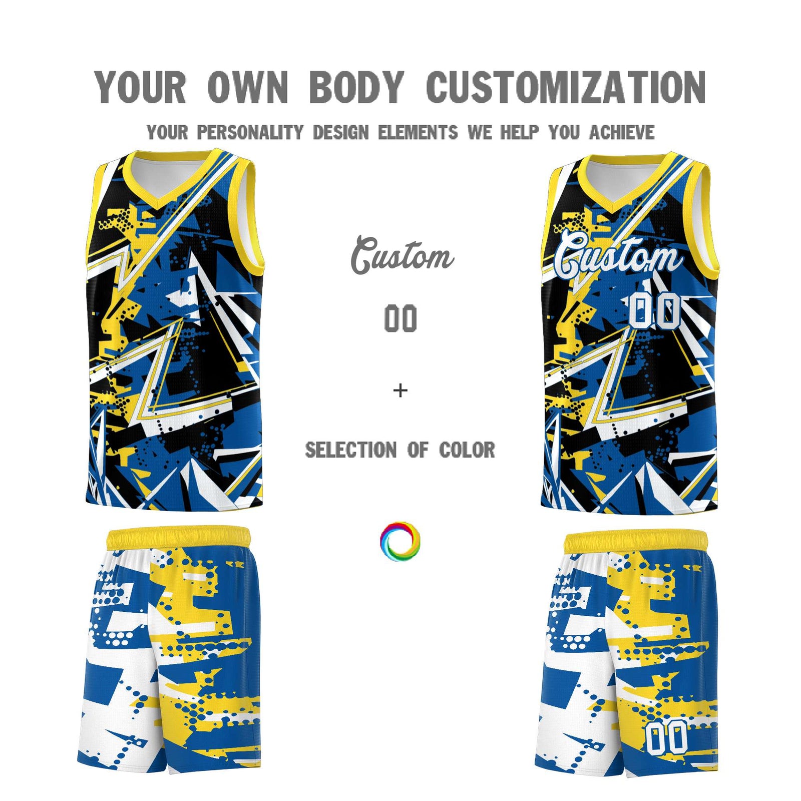Custom Youth Basketball Jerseys Royal Gold Abstract Graffiti Personalized Team Name & Number