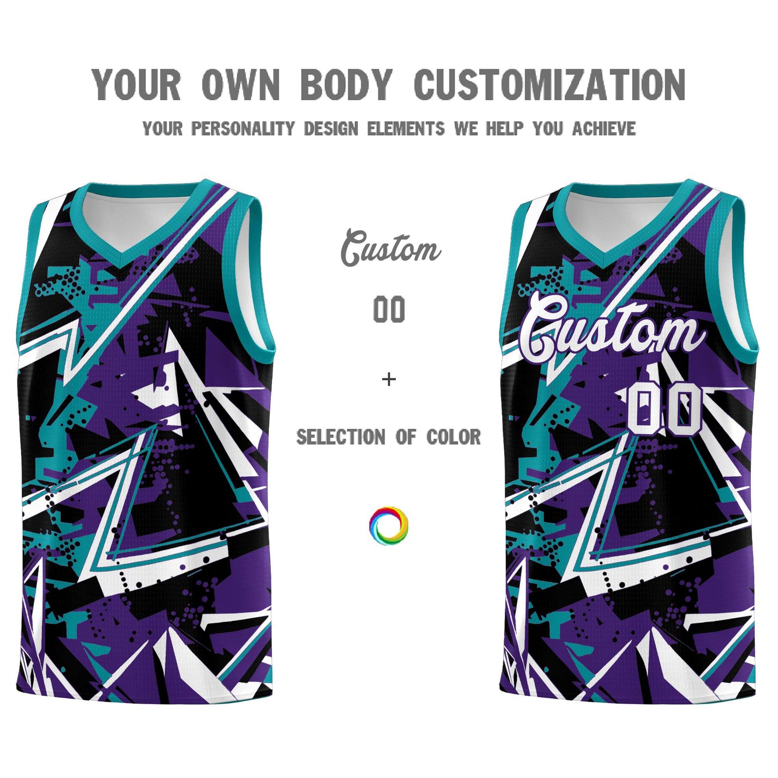 Custom Youth Basketball Jerseys Purple Teal Abstract Graffiti Urban Style Personalized Uniform