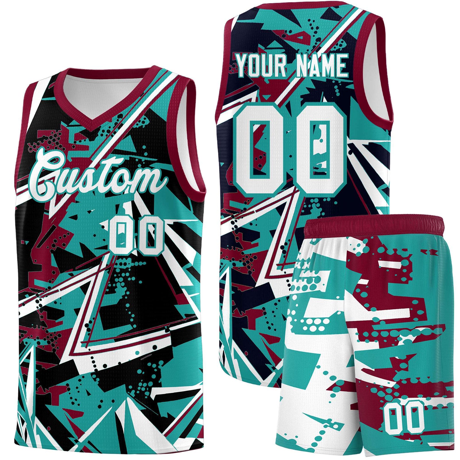 Custom Youth Basketball Jerseys Teal Crimson Abstract Graffiti Personalized Team Name & Number