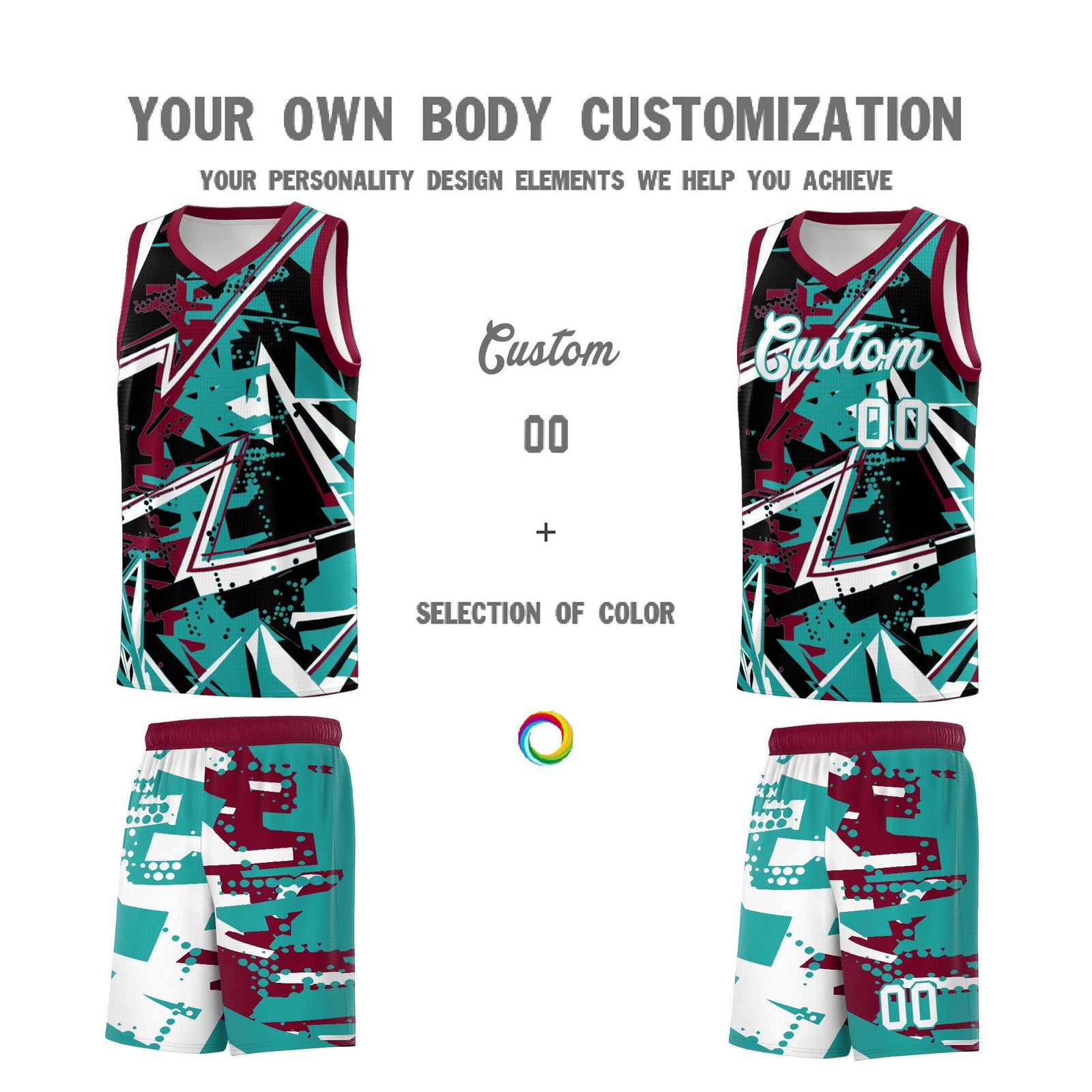 Custom Youth Basketball Jerseys Teal Crimson Abstract Graffiti Personalized Team Name & Number