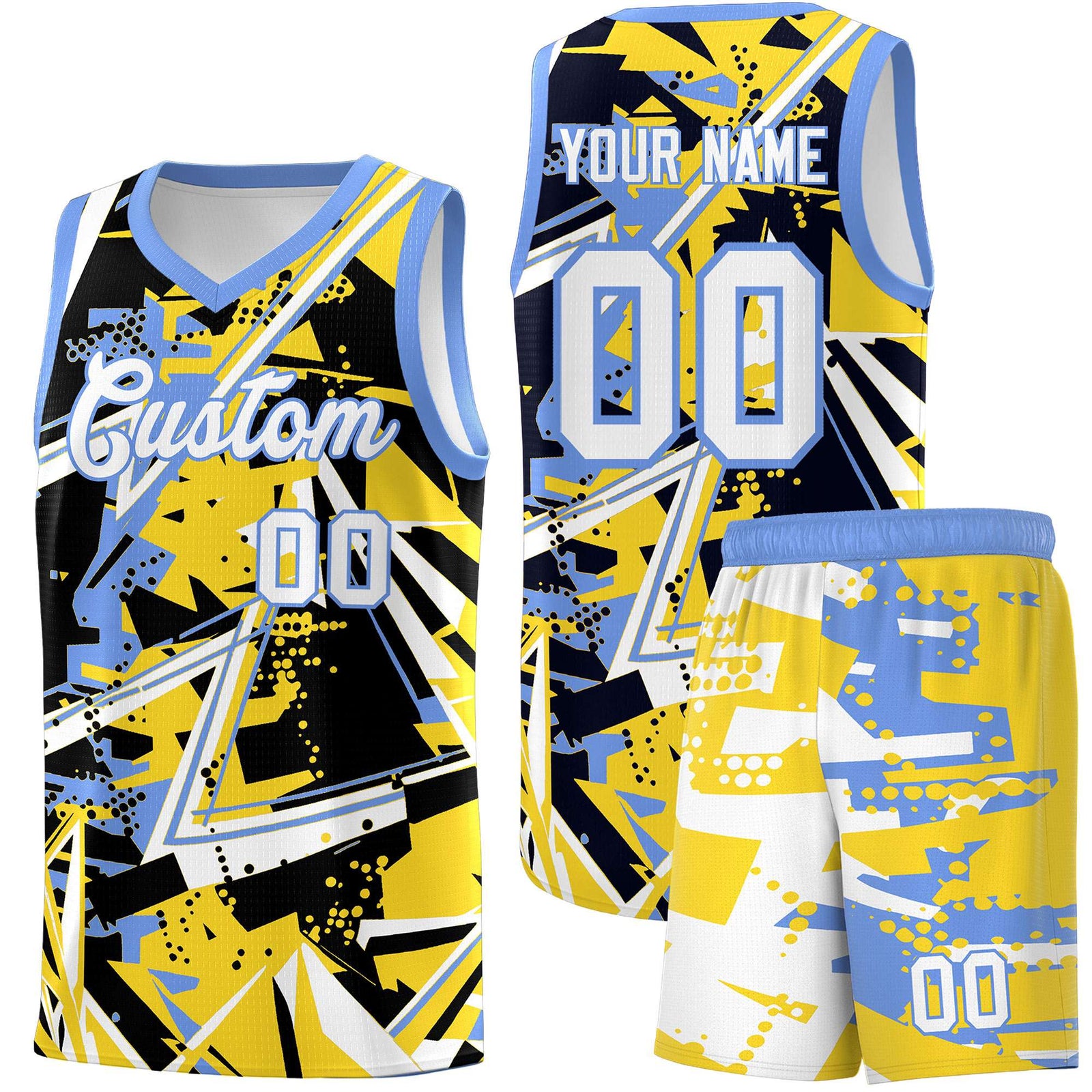 Custom Youth Basketball Jerseys Gold Light Blue Abstract Graffiti Urban Style Personalized Uniform