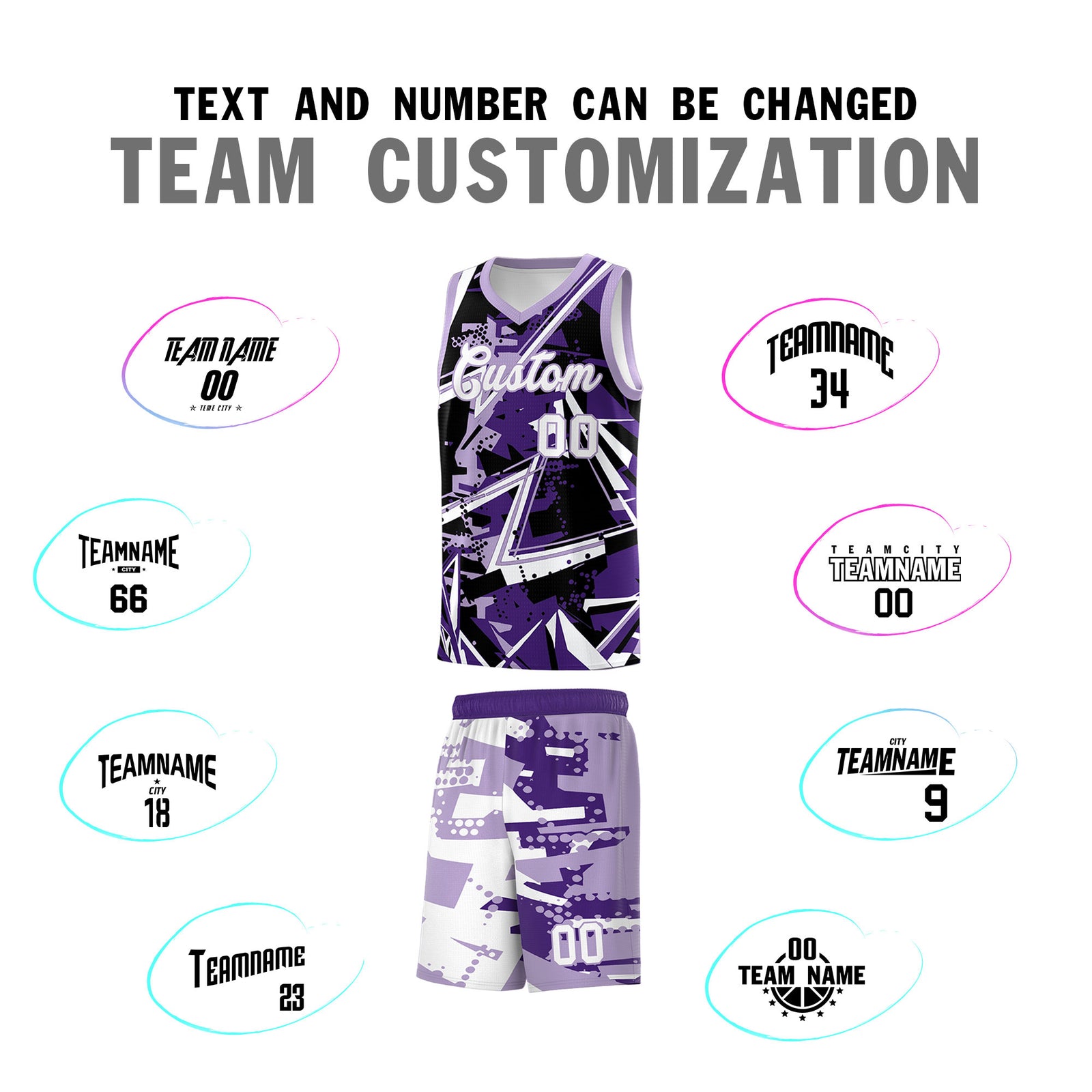 Custom Youth Basketball Jerseys Purple Light Purple Abstract Graffiti Urban Style Personalized Uniform