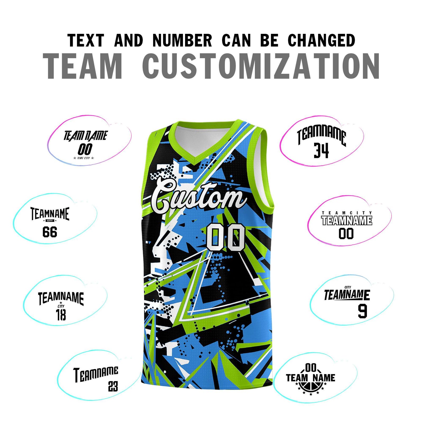 Custom Youth Basketball Jerseys Light Blue Neon Green Abstract Graffiti Personalized Street Style Uniform
