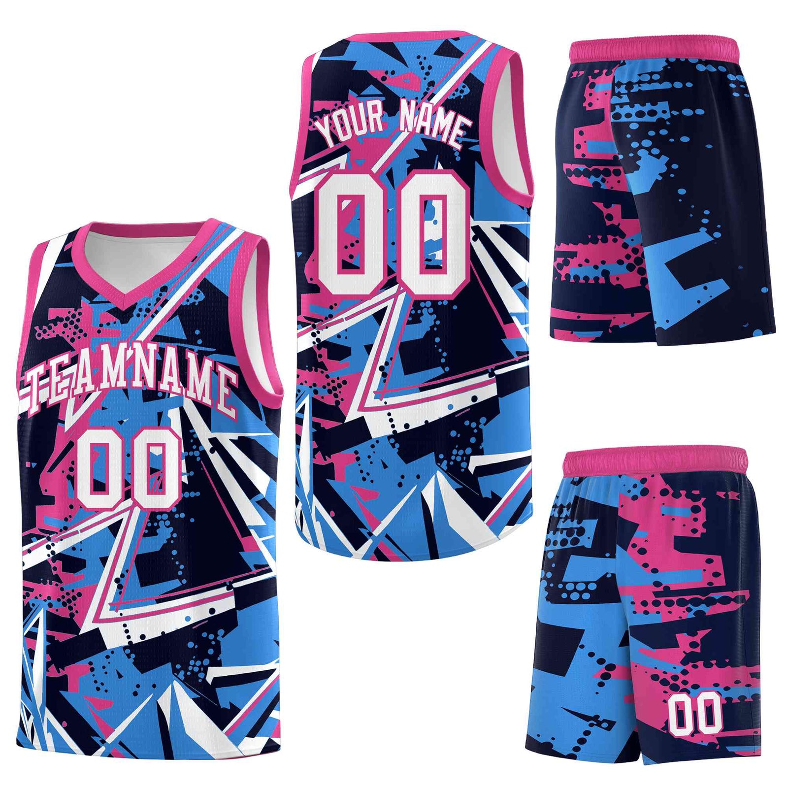 Custom Youth Basketball Jerseys Light Blue Pink Abstract Graffiti Personalized Street Style Uniform