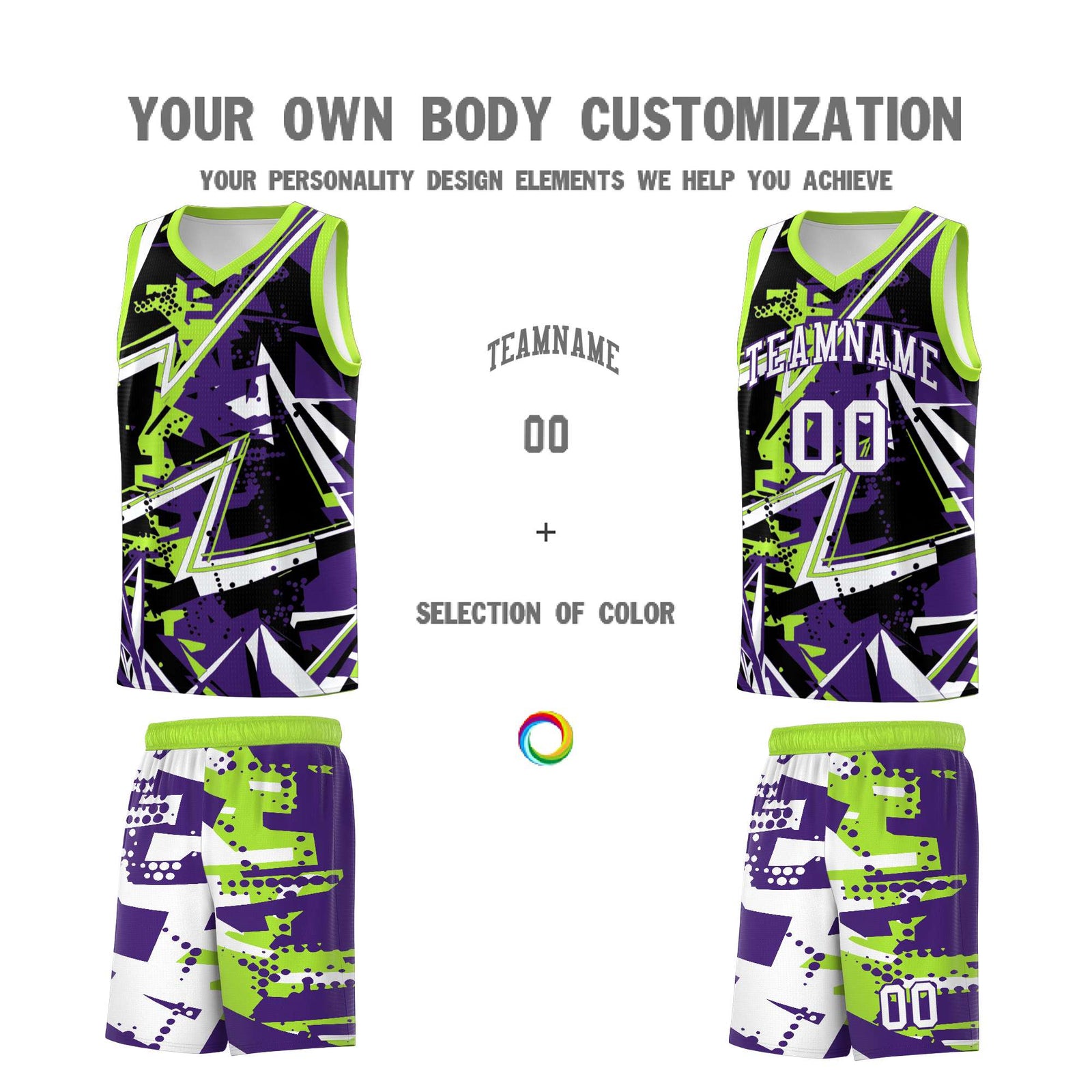 Custom Youth Basketball Jerseys Purple Neon Green Abstract Graffiti Personalized Team Name & Number