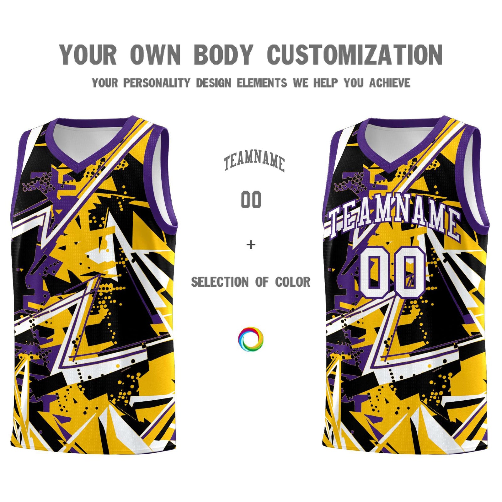 Custom Youth Basketball Jerseys Yellow Purple Abstract Graffiti Personalized Team Name & Number