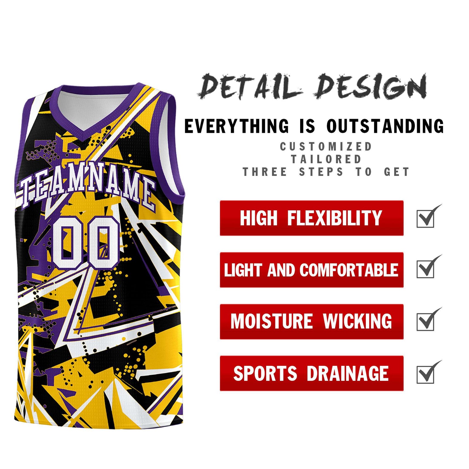 Custom Youth Basketball Jerseys Yellow Purple Abstract Graffiti Personalized Team Name & Number
