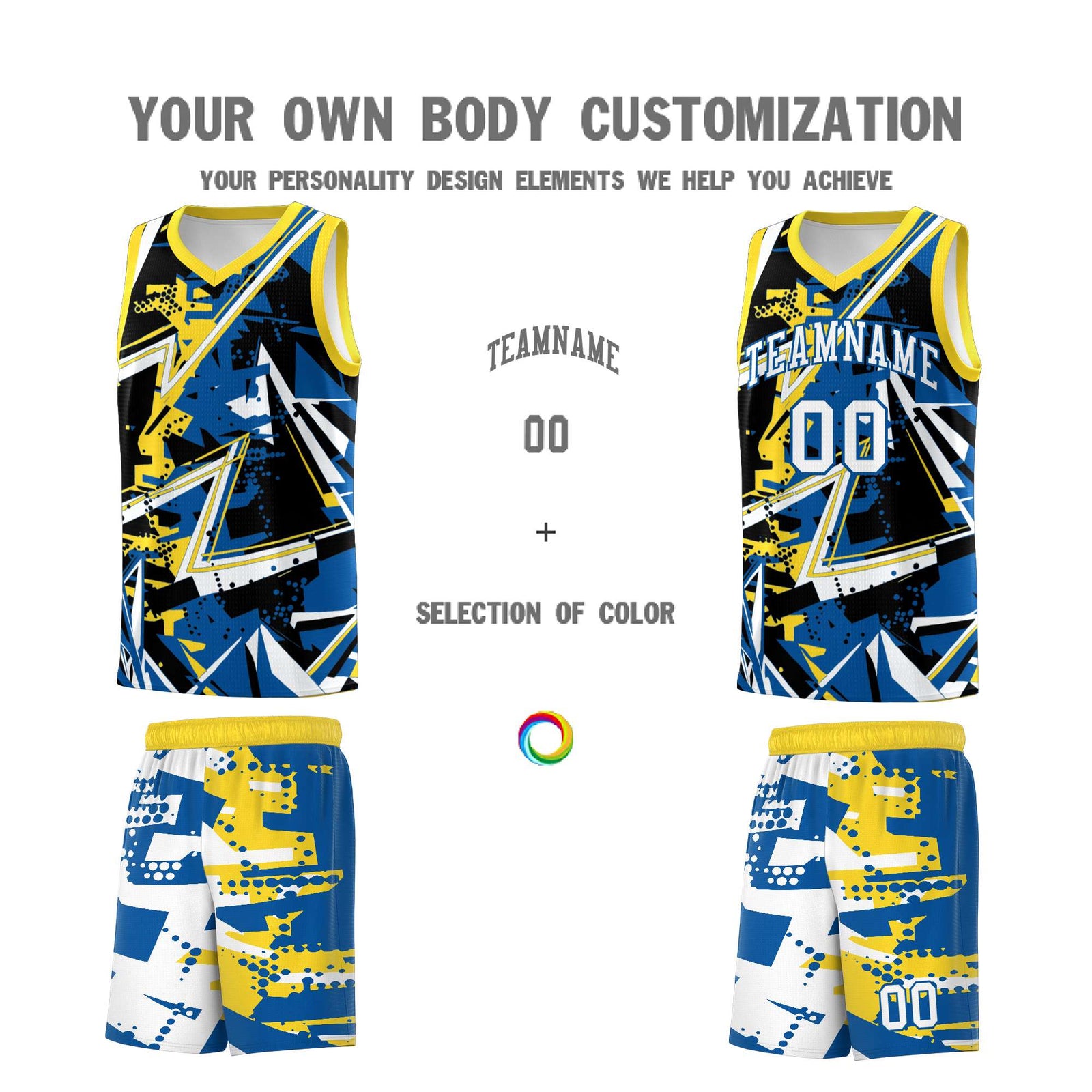 Custom Youth Basketball Jerseys Royal Gold Abstract Graffiti Personalized Team Name & Number