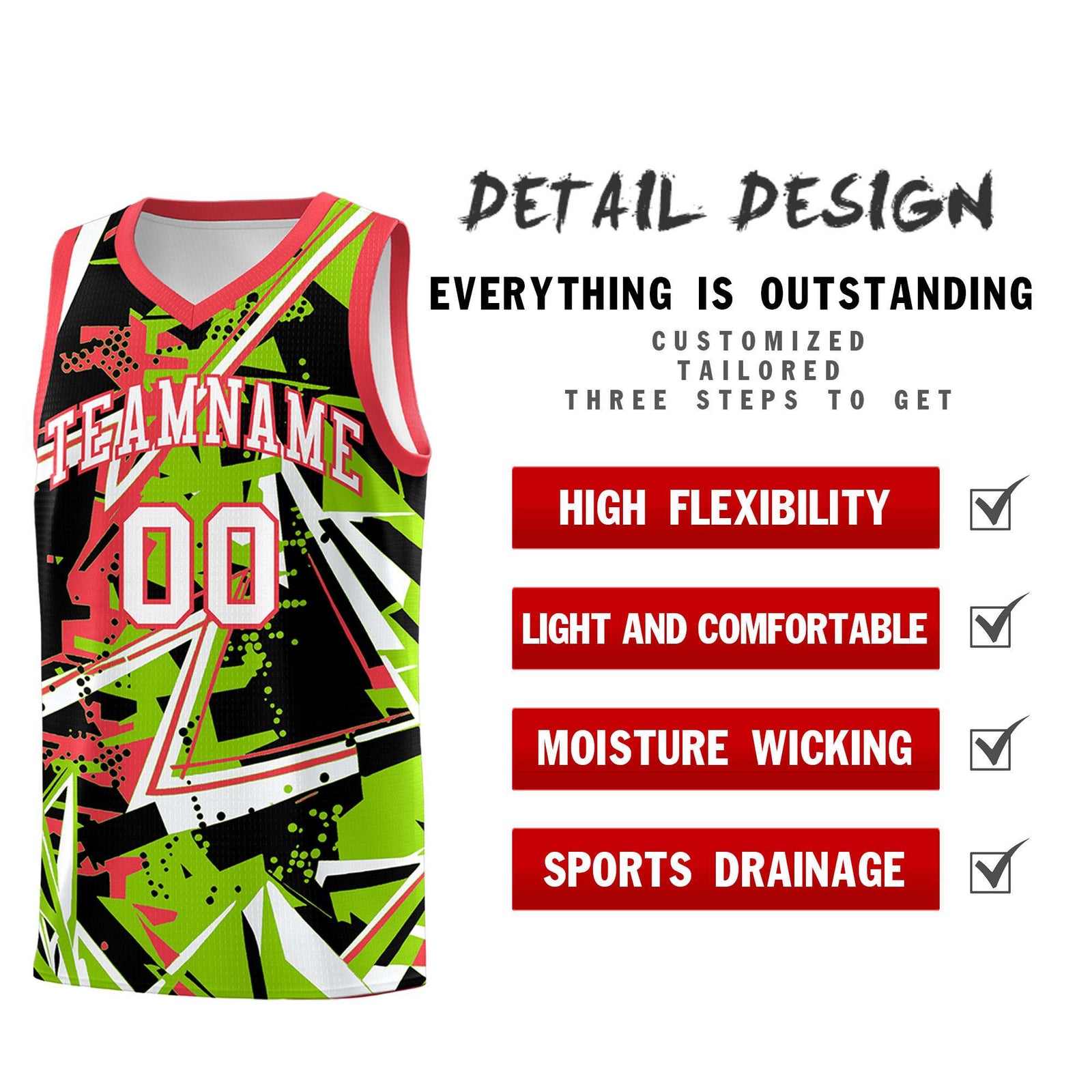 Custom Youth Basketball Jerseys Neon Green Light Red Abstract Graffiti Personalized Street Style Uniform