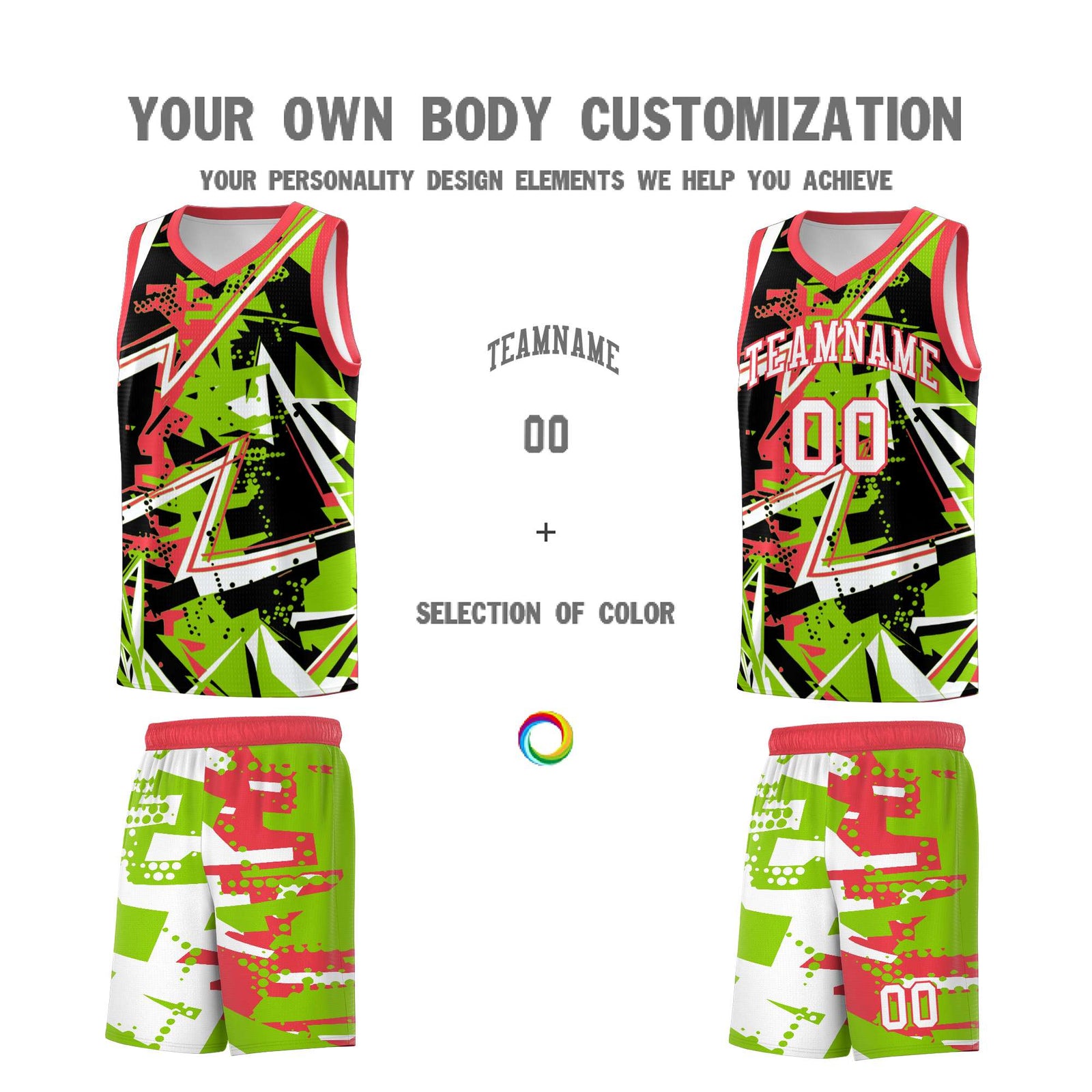Custom Youth Basketball Jerseys Neon Green Light Red Abstract Graffiti Personalized Street Style Uniform
