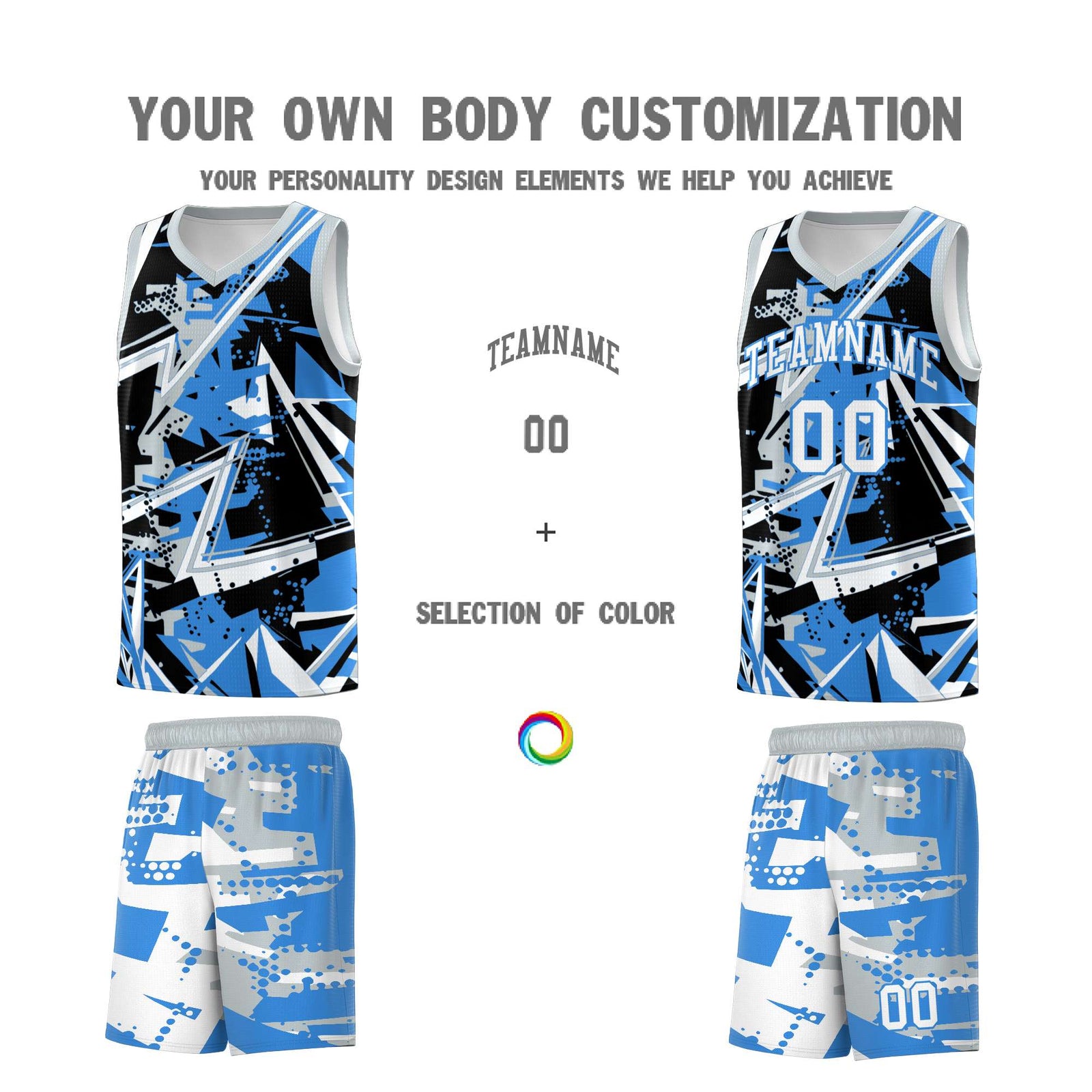 Custom Youth Basketball Jerseys Light Blue Silver Abstract Graffiti Personalized Team Name & Number