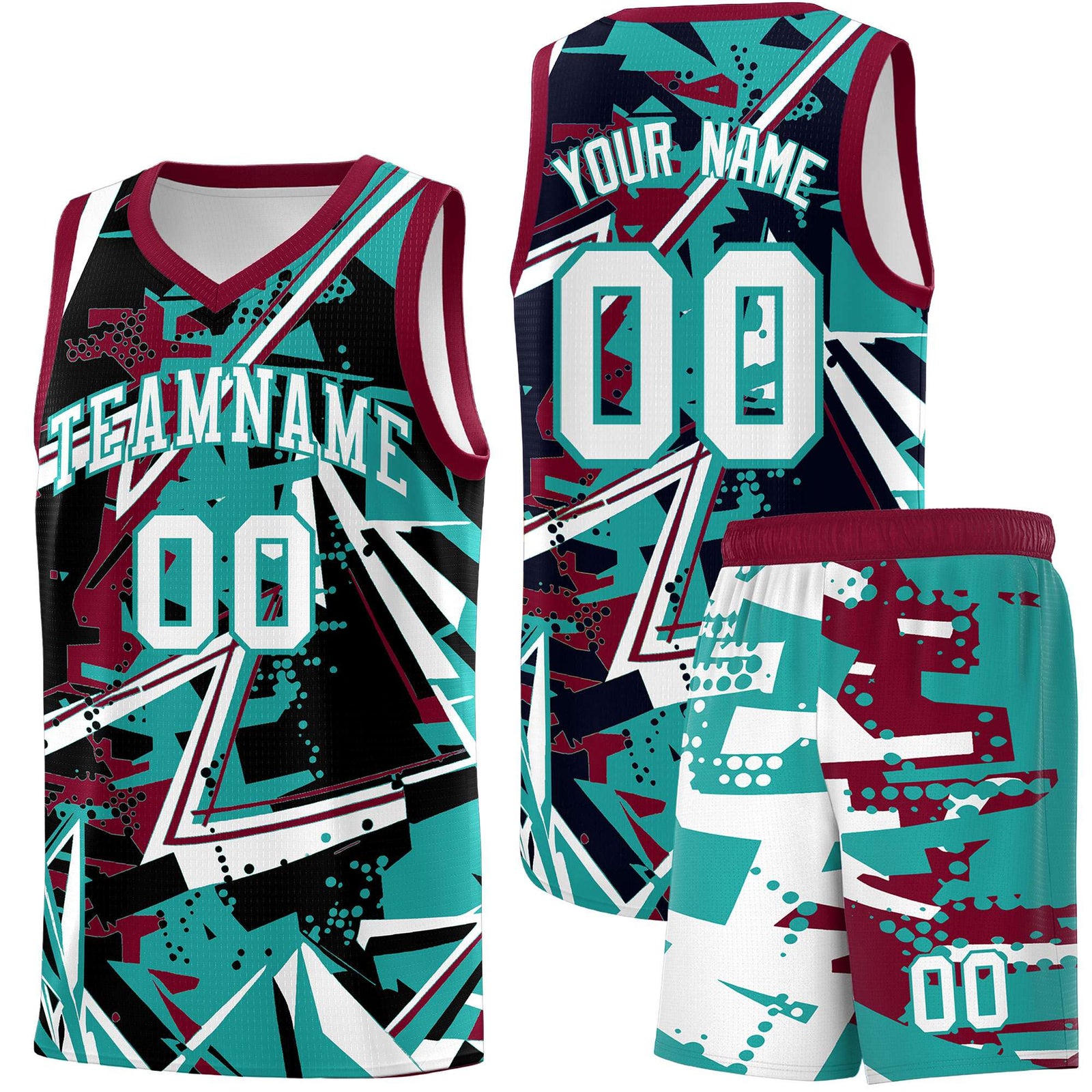 Custom Youth Basketball Jerseys Teal Crimson Abstract Graffiti Personalized Team Name & Number