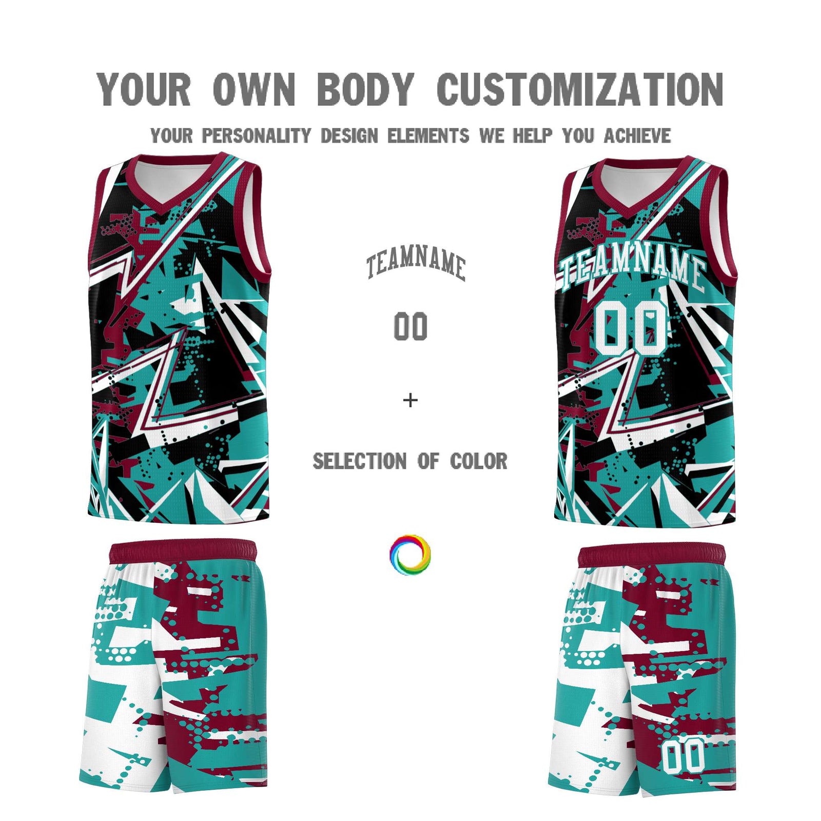 Custom Youth Basketball Jerseys Teal Crimson Abstract Graffiti Personalized Team Name & Number