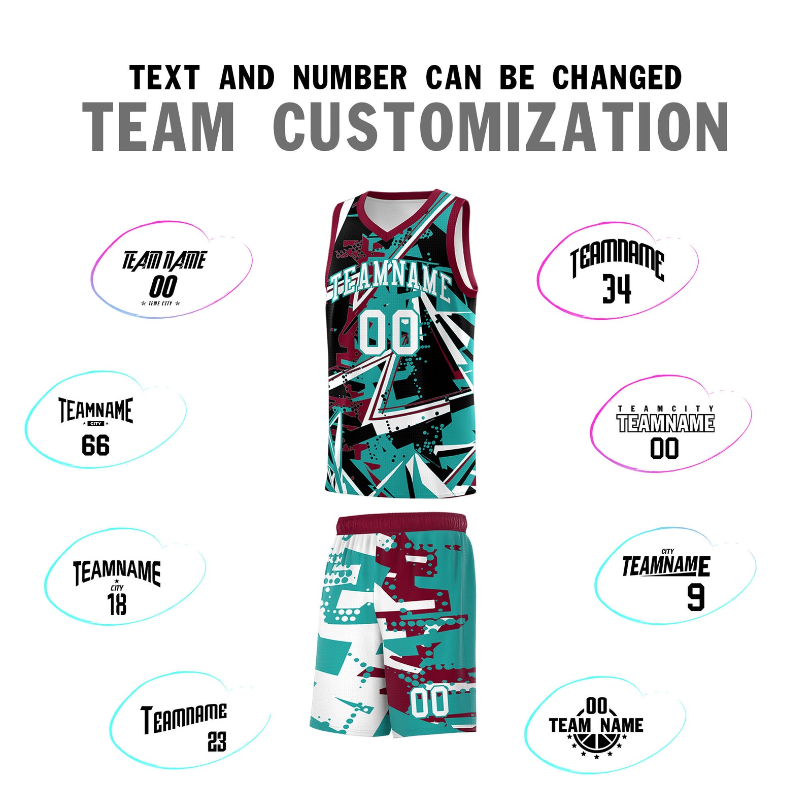 Custom Youth Basketball Jerseys Teal Crimson Abstract Graffiti Personalized Team Name & Number