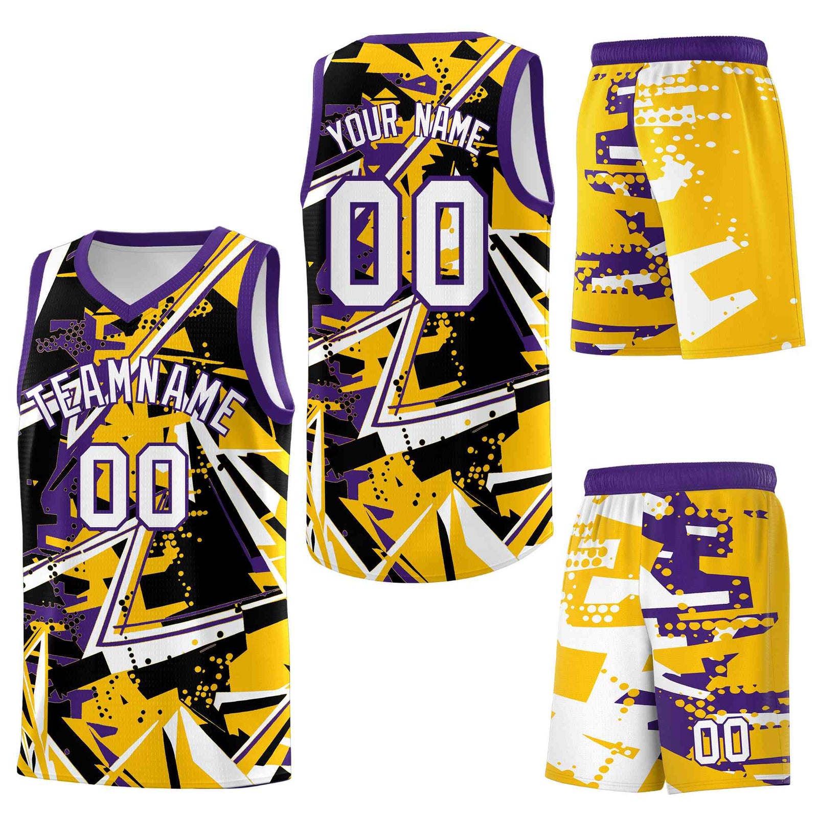 Custom Youth Basketball Jerseys Yellow Purple Abstract Graffiti Personalized Team Name & Number