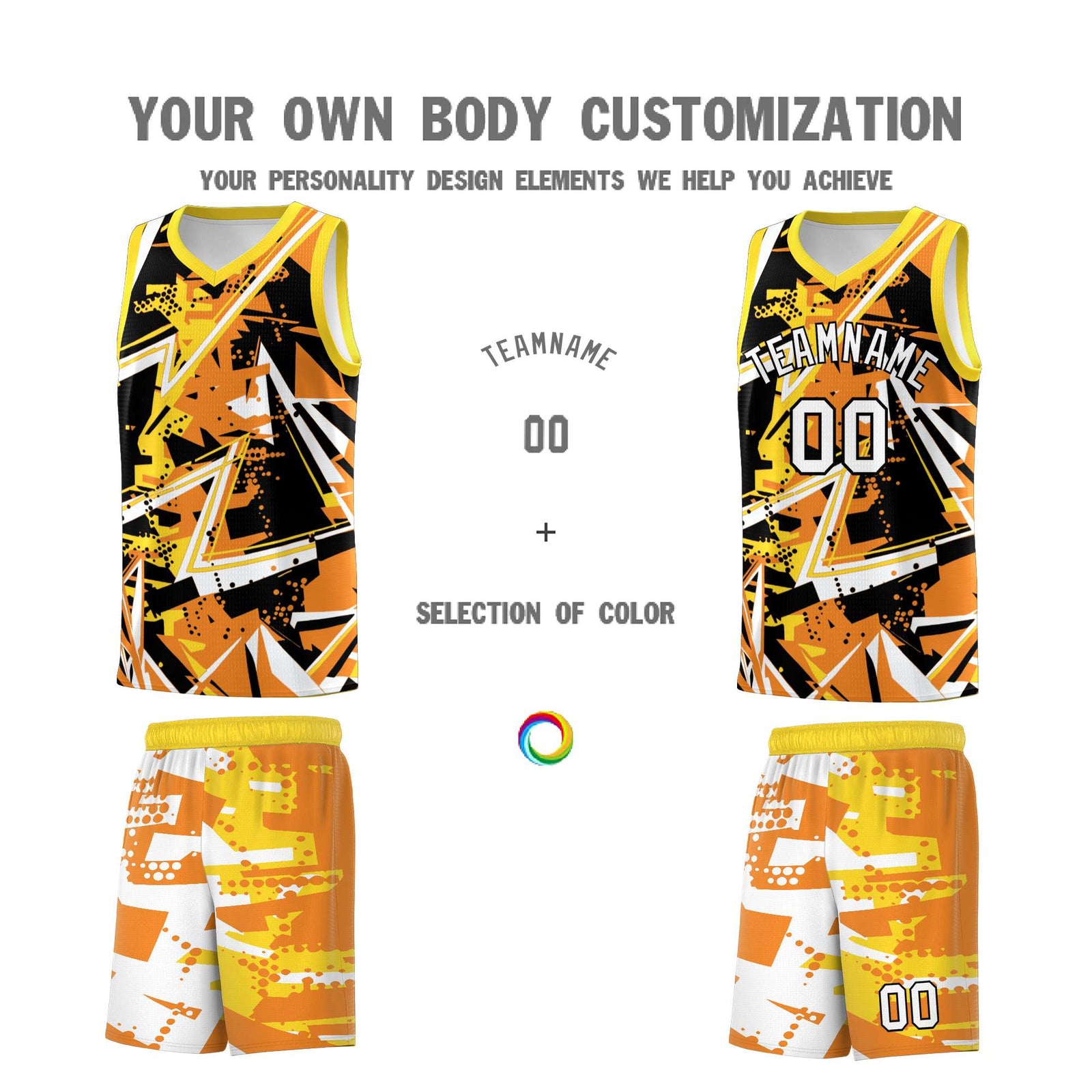 Custom Youth Basketball Jerseys Orange Gold Abstract Graffiti Personalized Street Style Uniform