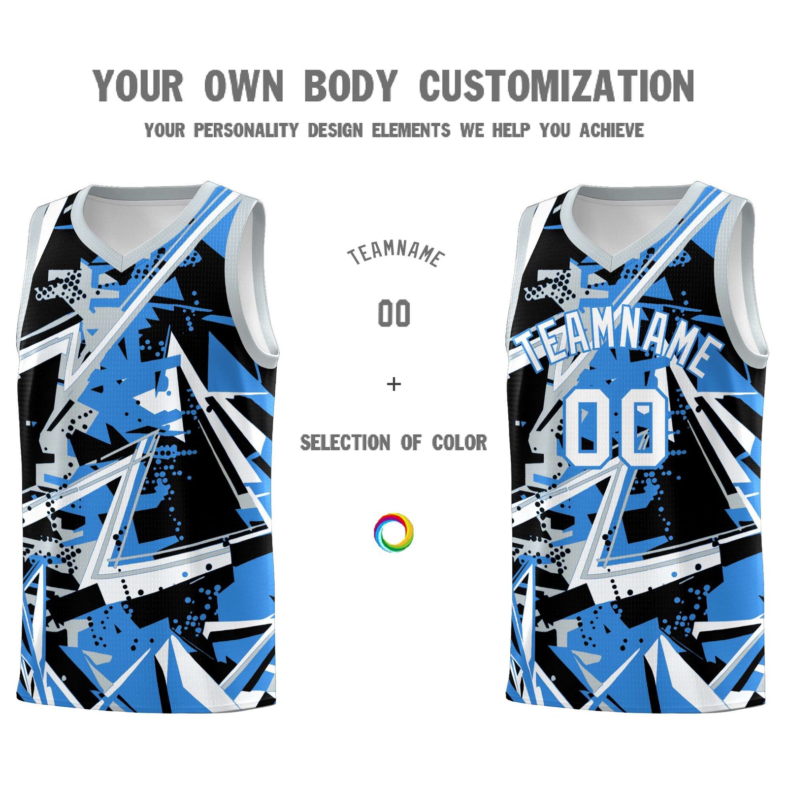 Custom Youth Basketball Jerseys Light Blue Silver Abstract Graffiti Personalized Team Name & Number