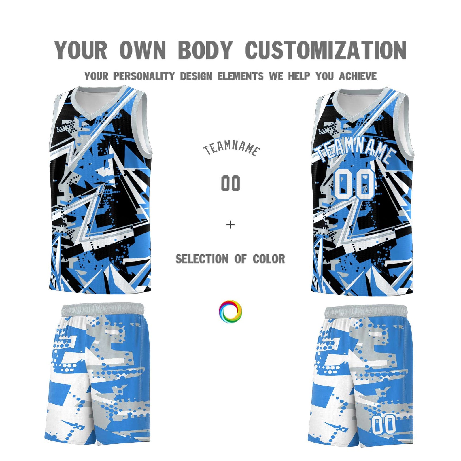 Custom Youth Basketball Jerseys Light Blue Silver Abstract Graffiti Personalized Team Name & Number