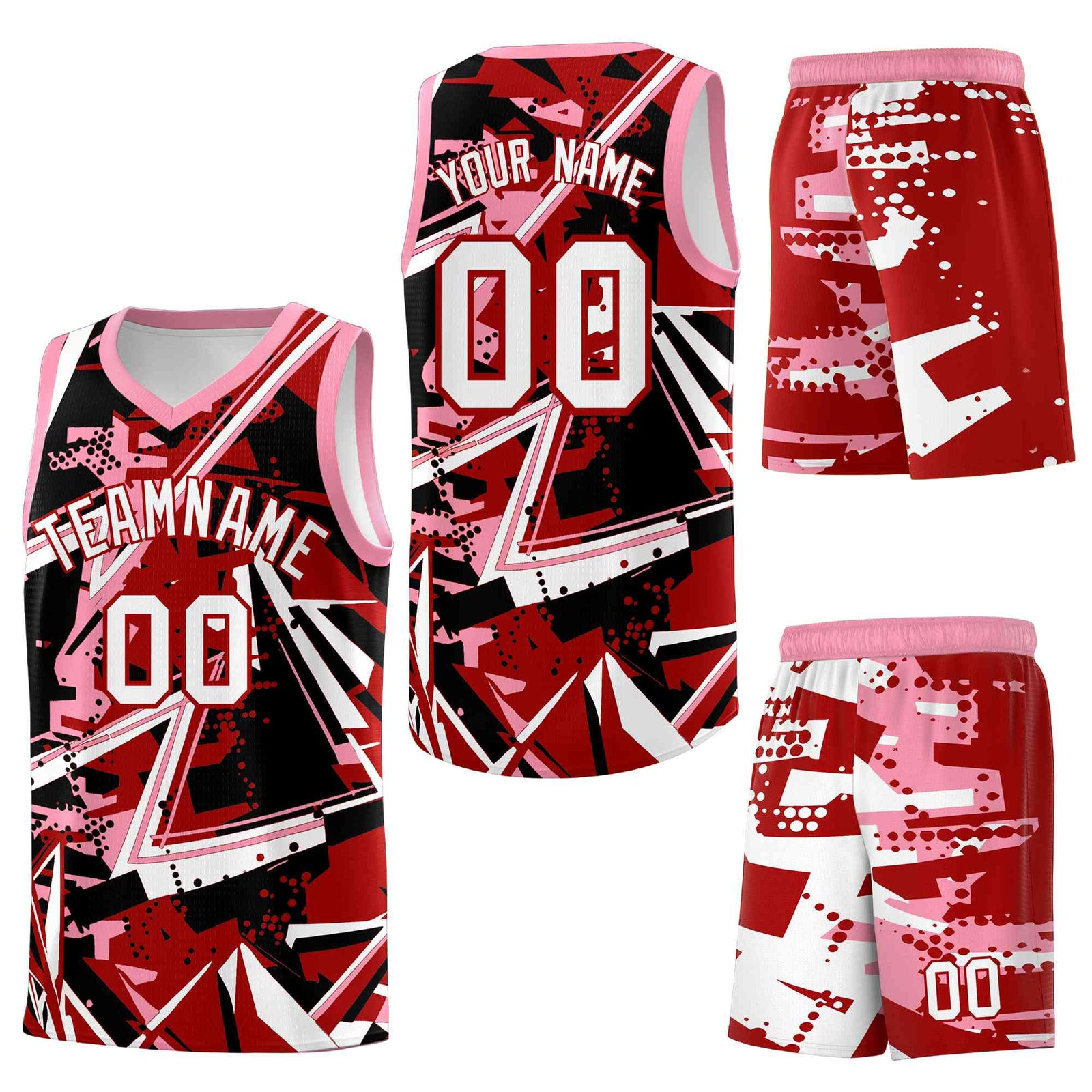 Custom Youth Basketball Jerseys Red Light Pink Abstract Graffiti Personalized Street Style Uniform