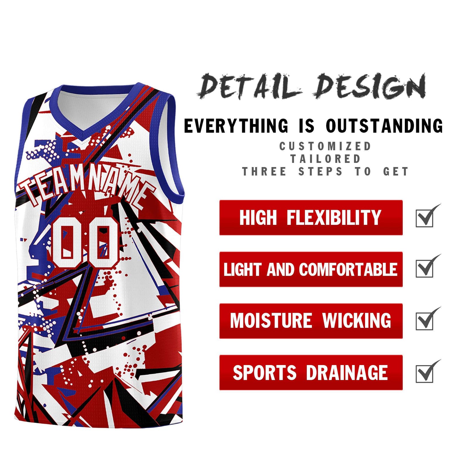 Custom Youth Basketball Jerseys Red Royal Abstract Graffiti Personalized Street Style Uniform
