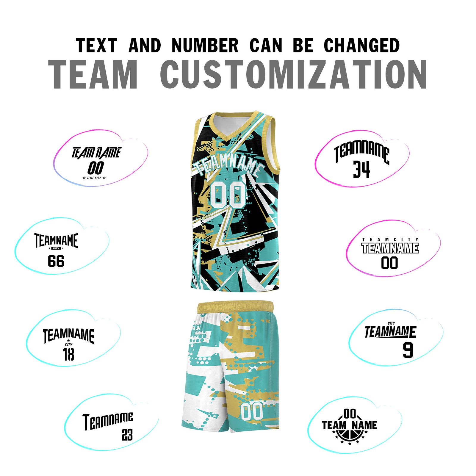 Custom Youth Basketball Jerseys Teal Old Gold Abstract Graffiti Personalized Street Style Uniform