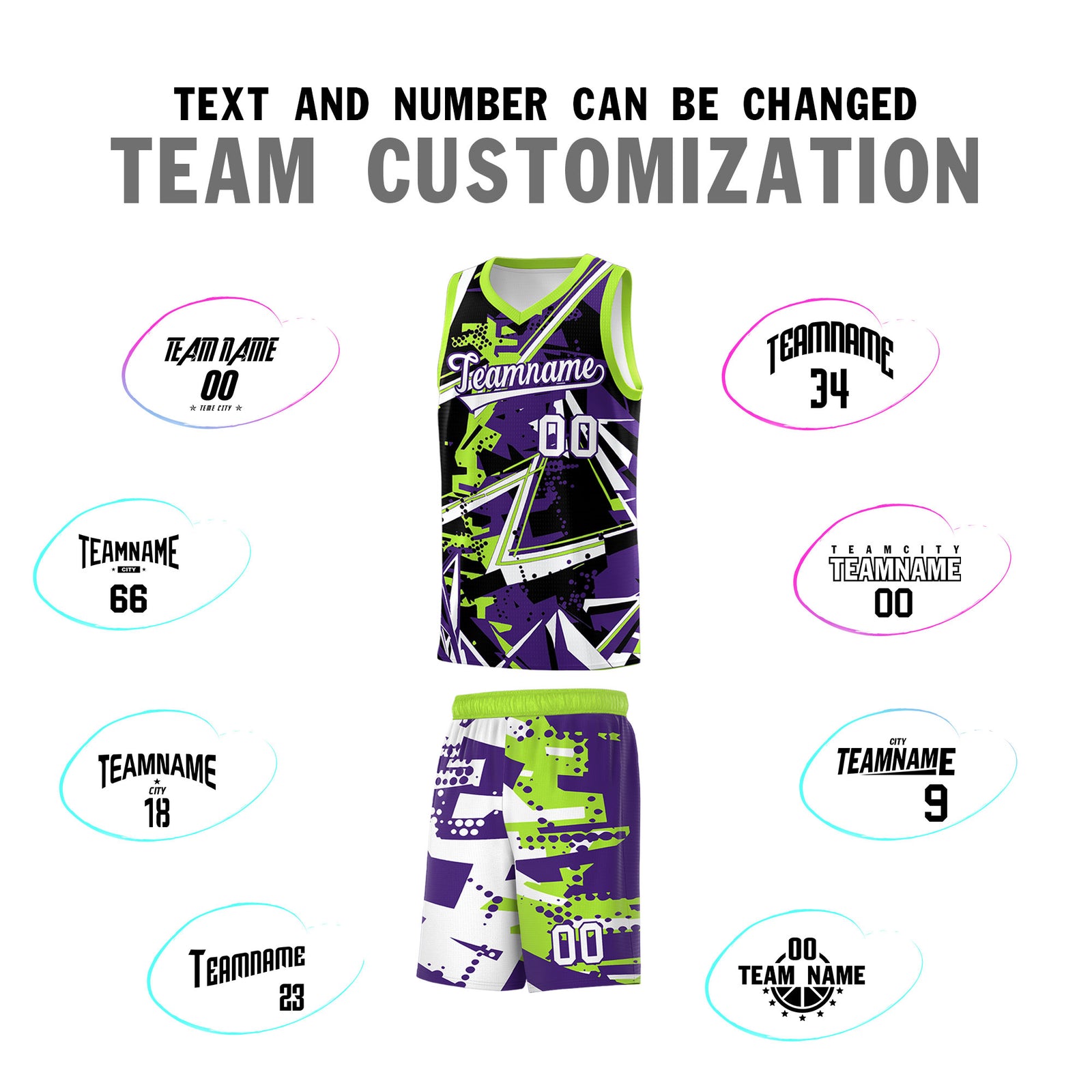 Custom Youth Basketball Jerseys Purple Neon Green Abstract Graffiti Personalized Team Name & Number
